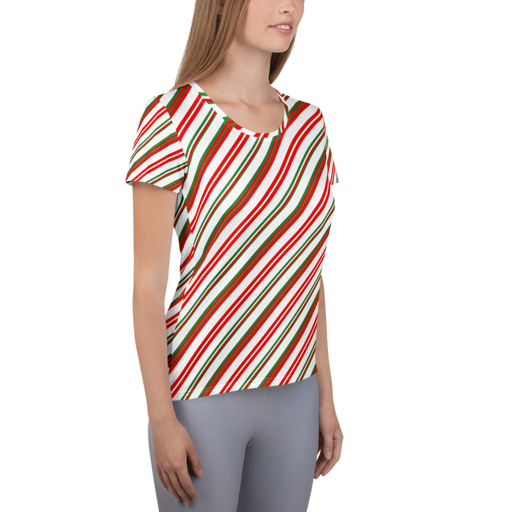 Women’s Christmas Peppermint Stripe Performance Athletic T-Shirt - Lightweight Moisture Wicking Workout Top with UPF 50+