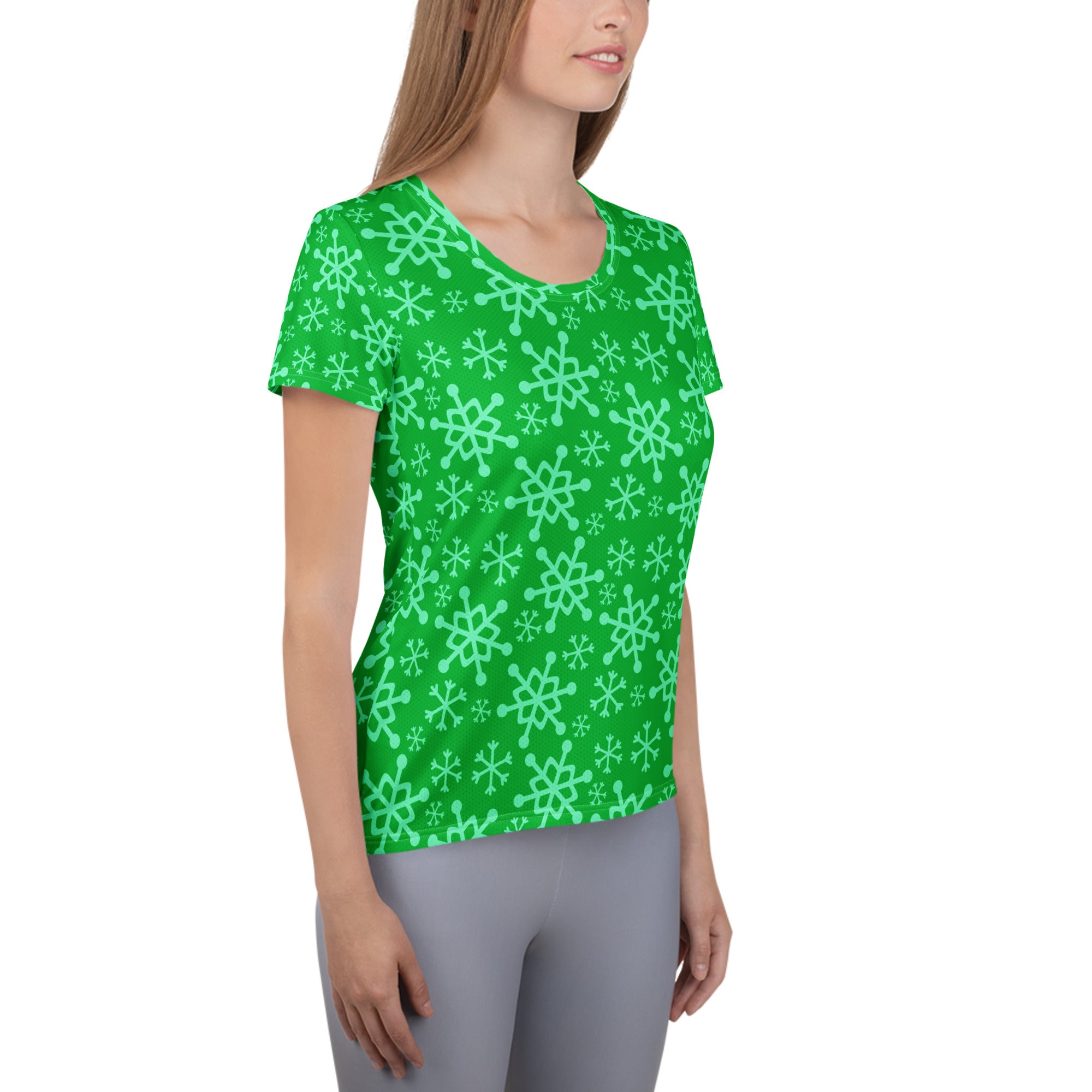 Women’s Green Snowflake Performance Athletic T-Shirt - Lightweight Moisture Wicking Workout Top with UPF 50+