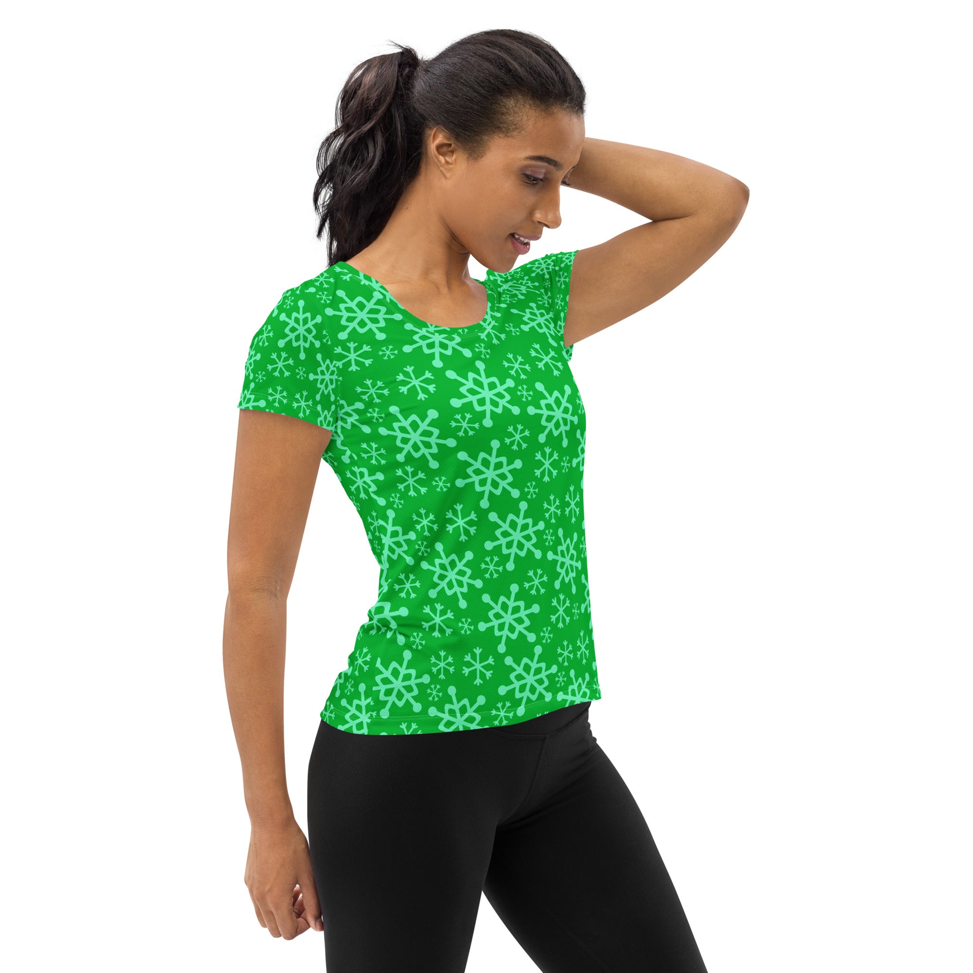 Women’s Green Snowflake Performance Athletic T-Shirt - Lightweight Moisture Wicking Workout Top with UPF 50+