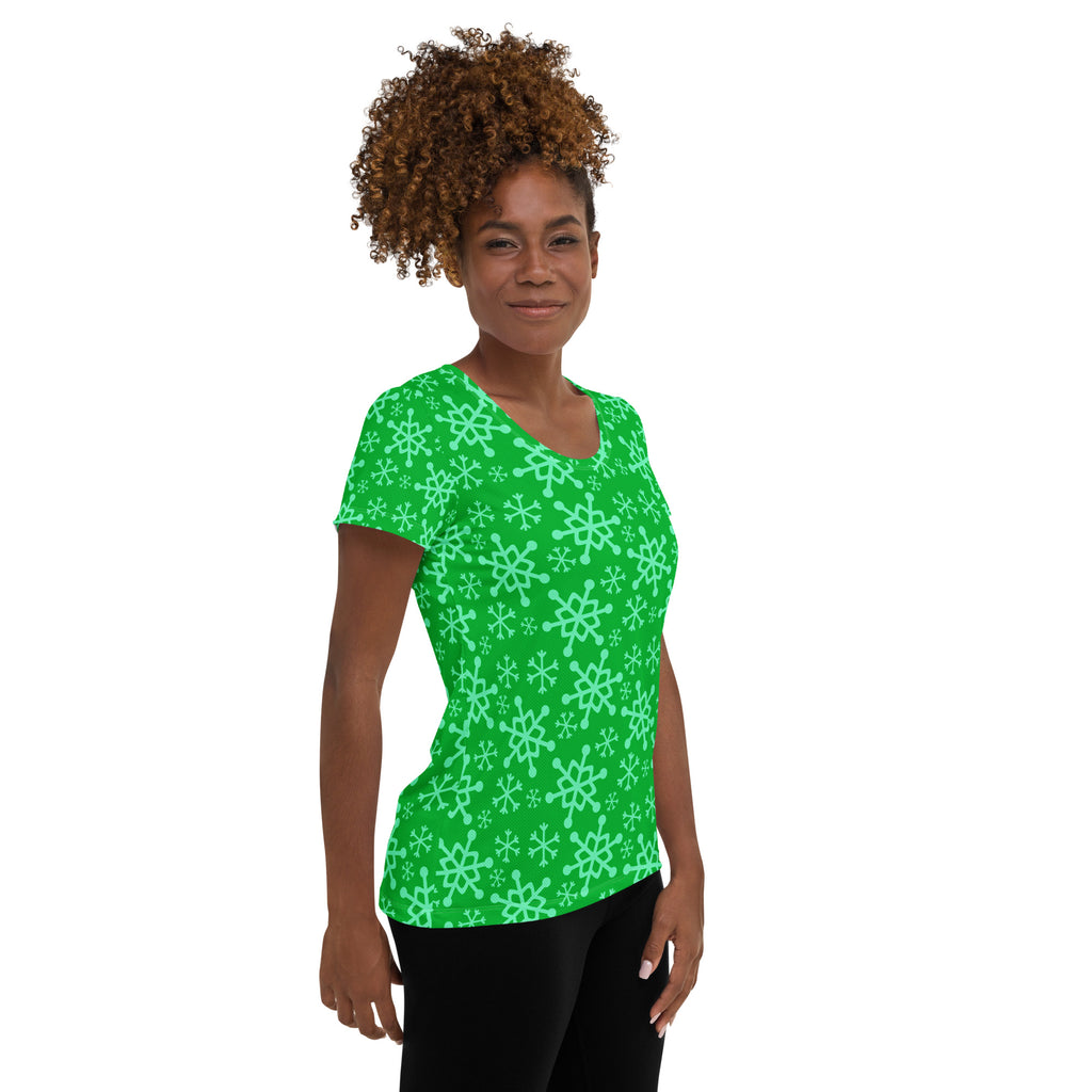 Women’s Green Snowflake Performance Athletic T-Shirt - Lightweight Moisture Wicking Workout Top with UPF 50+