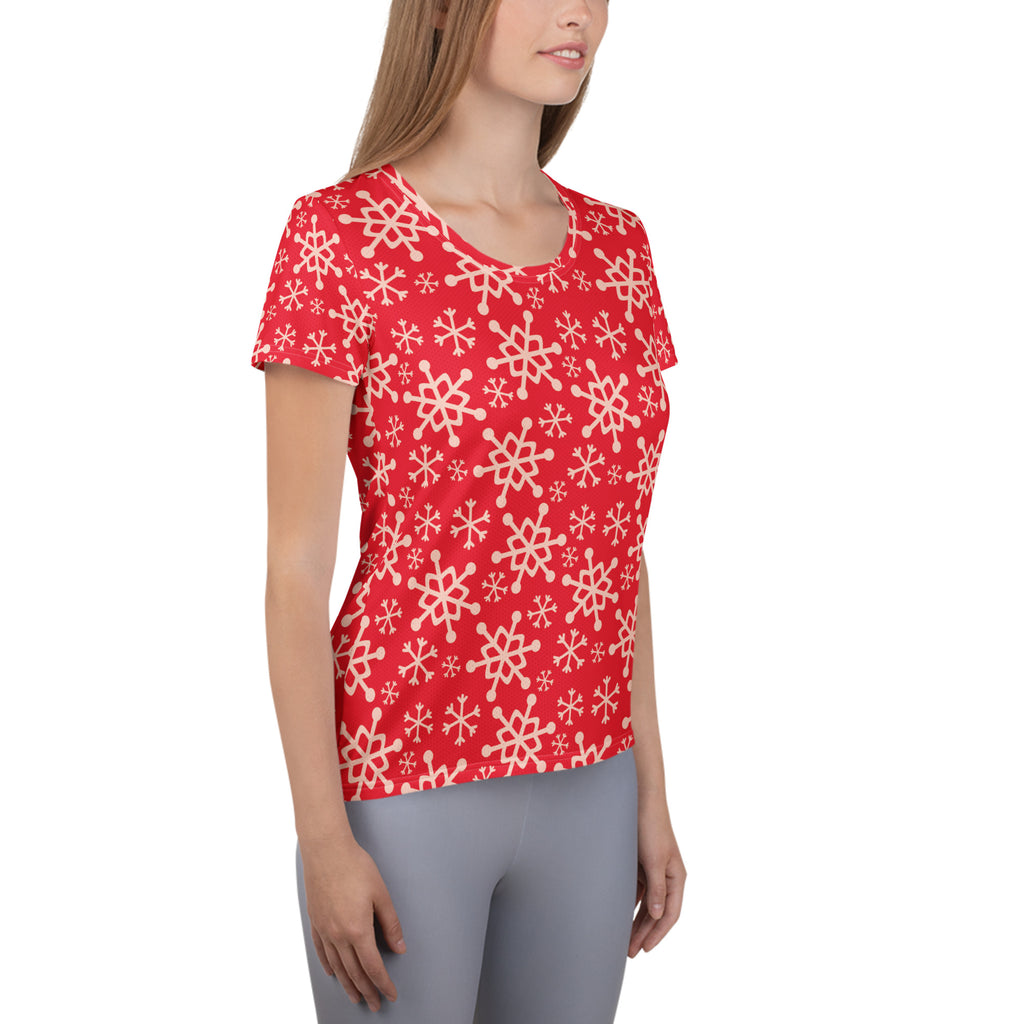 Women’s Red Snowflake Performance Athletic T-Shirt - Lightweight Moisture Wicking Workout Top with UPF 50+