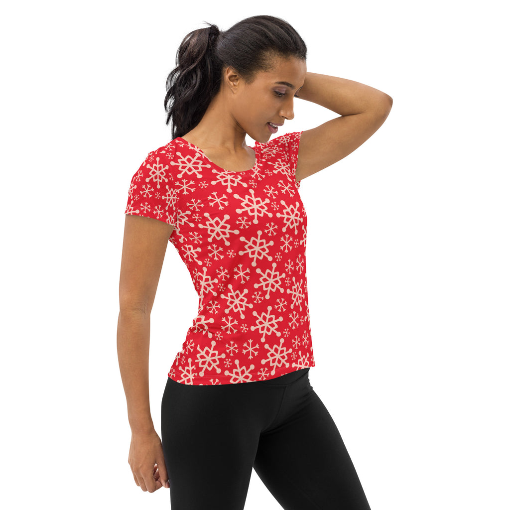 Women’s Red Snowflake Performance Athletic T-Shirt - Lightweight Moisture Wicking Workout Top with UPF 50+