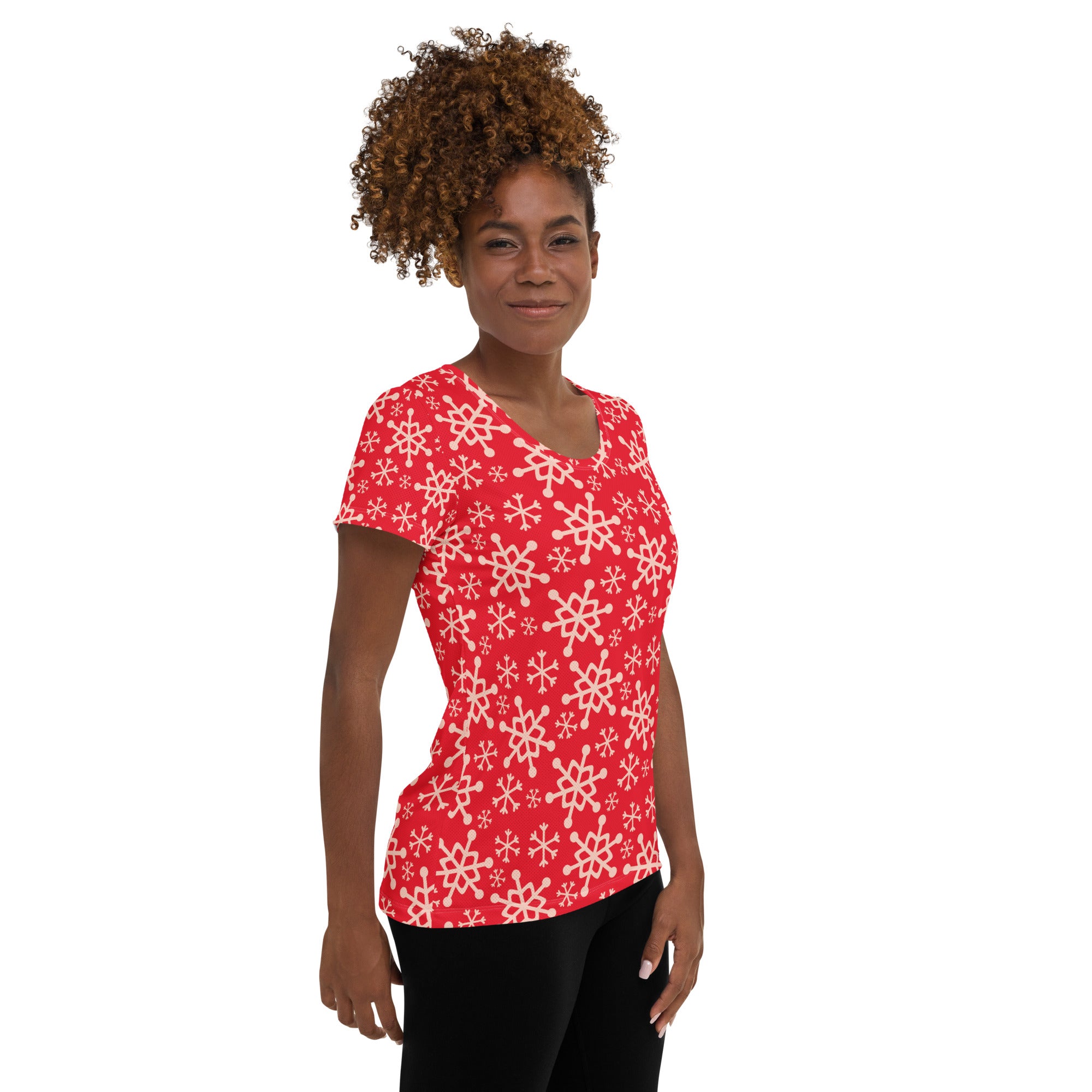 Women’s Red Snowflake Performance Athletic T-Shirt - Lightweight Moisture Wicking Workout Top with UPF 50+