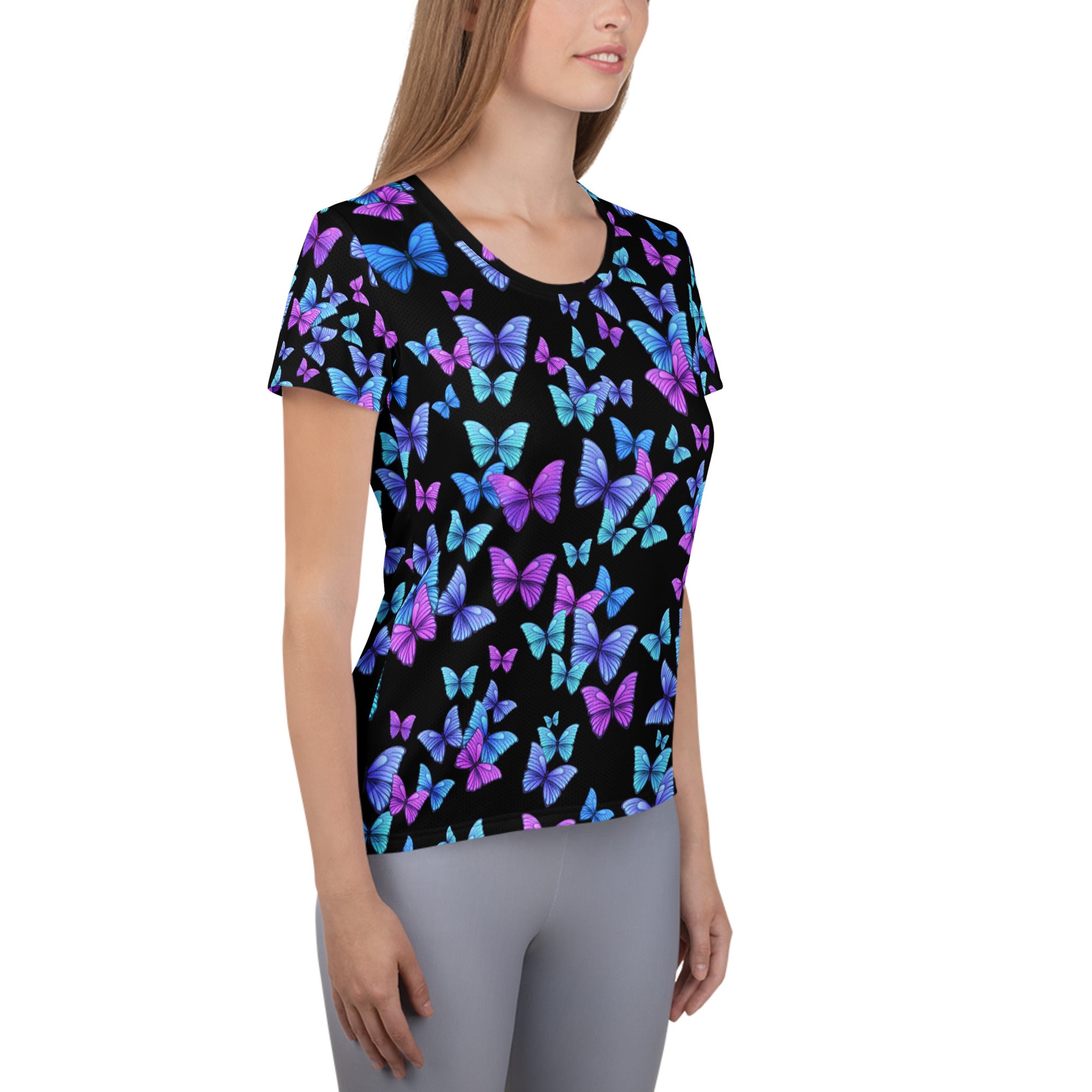 Women’s Vibrant Butterfly Performance Athletic T-Shirt - Lightweight Moisture Wicking Workout Top with UPF 50+