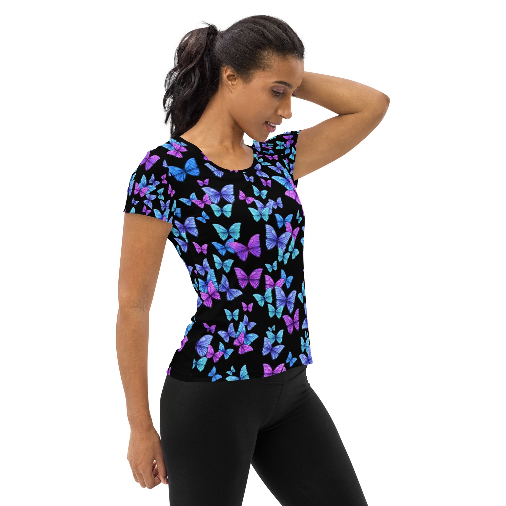 Women’s Vibrant Butterfly Performance Athletic T-Shirt - Lightweight Moisture Wicking Workout Top with UPF 50+