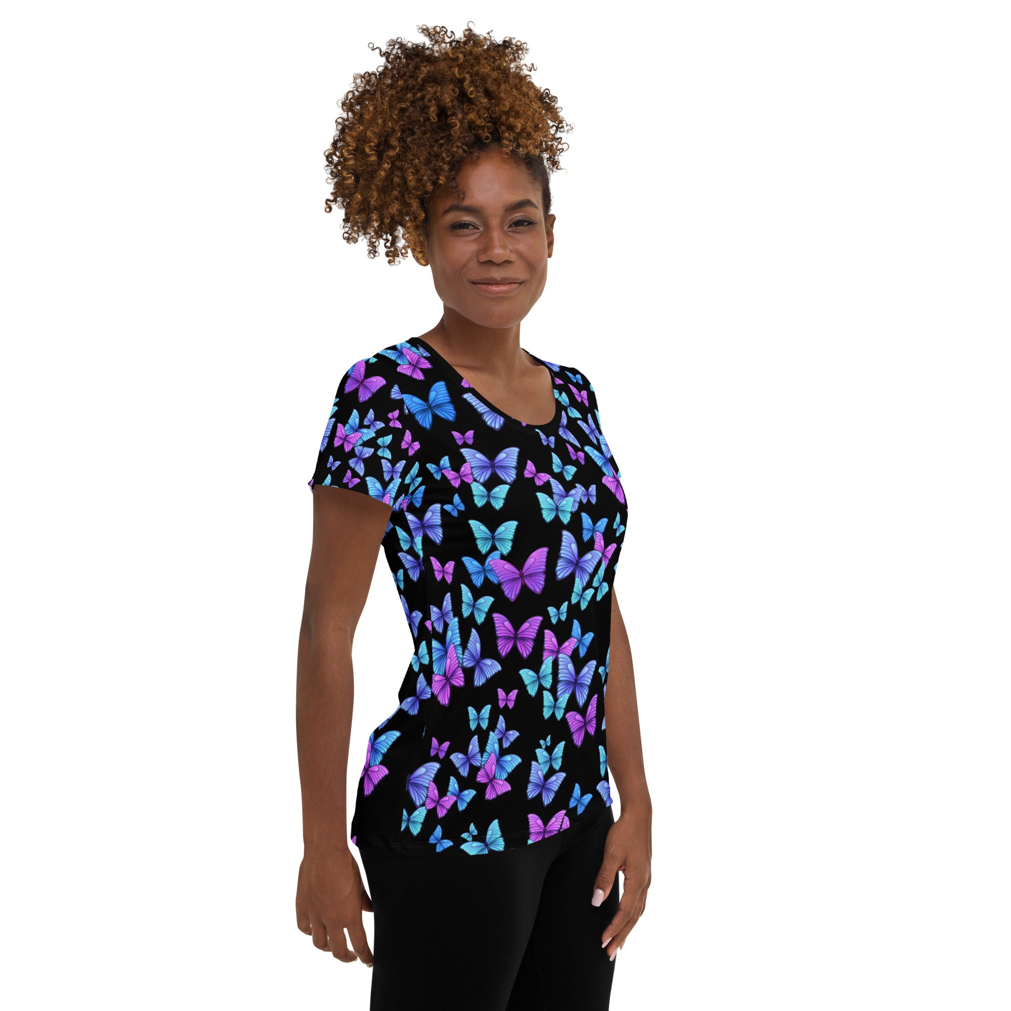 Women’s Vibrant Butterfly Performance Athletic T-Shirt - Lightweight Moisture Wicking Workout Top with UPF 50+