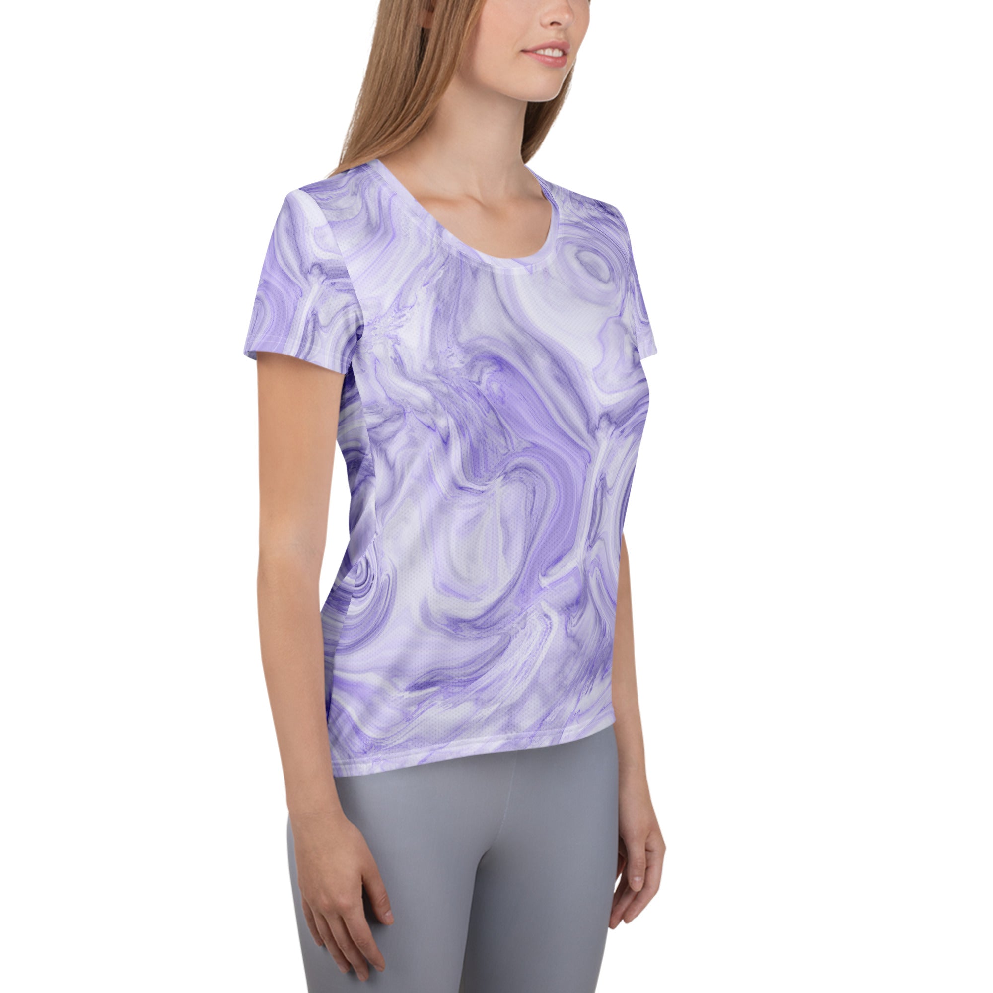 Women’s Lavender Marble Performance Athletic T-Shirt - Lightweight Moisture Wicking Workout Top with UPF 50+