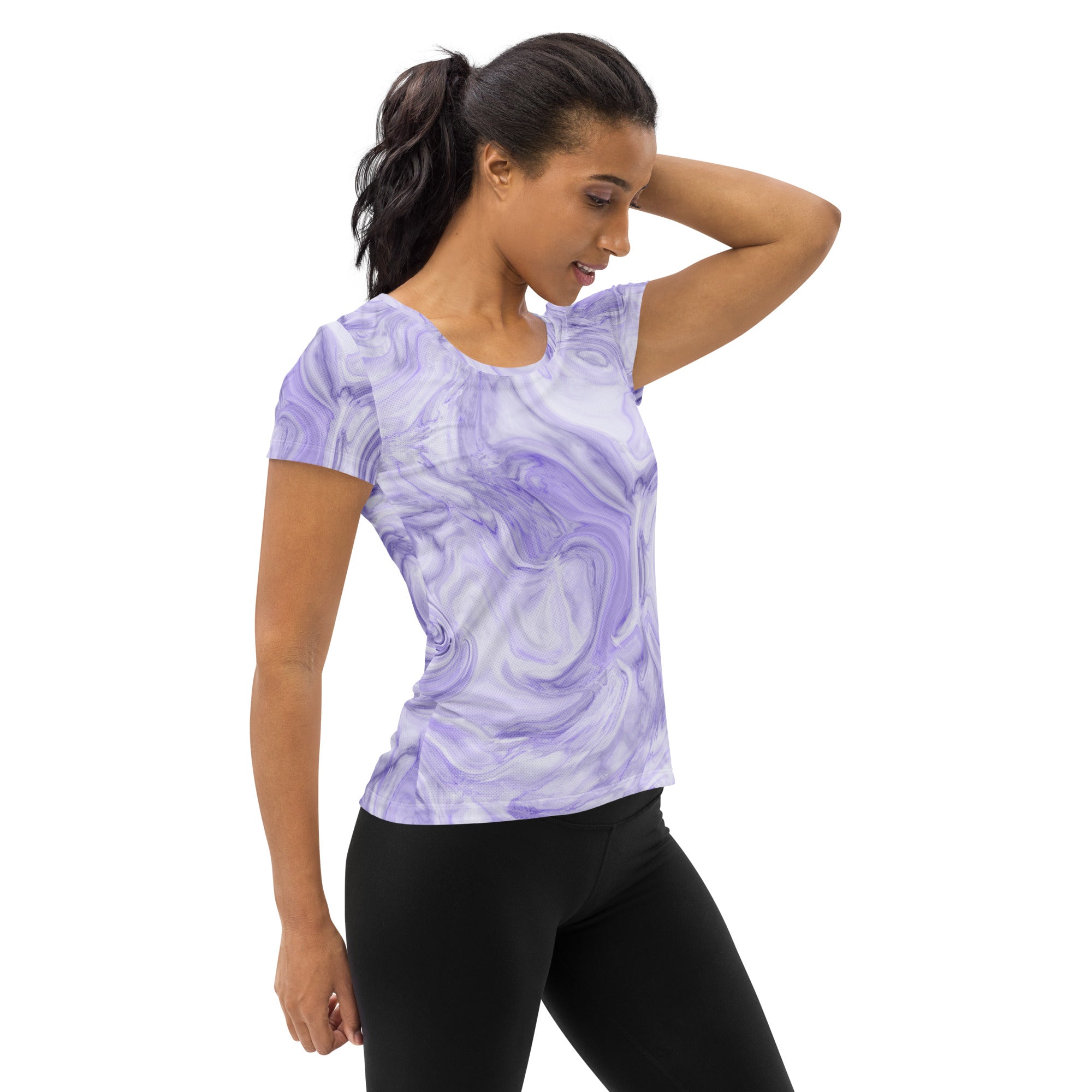 Women’s Lavender Marble Performance Athletic T-Shirt - Lightweight Moisture Wicking Workout Top with UPF 50+