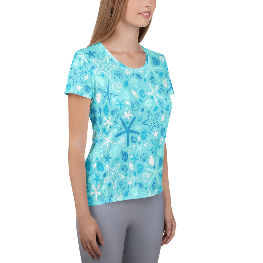 Women’s Starfish & Shells Performance Athletic T-Shirt - Lightweight Moisture Wicking Workout Top with UPF 50+