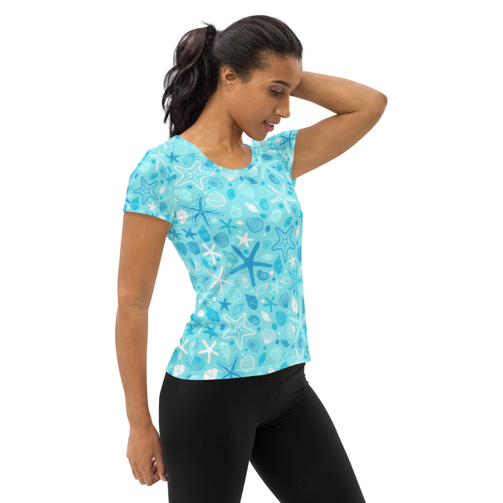 Women’s Starfish & Shells Performance Athletic T-Shirt - Lightweight Moisture Wicking Workout Top with UPF 50+
