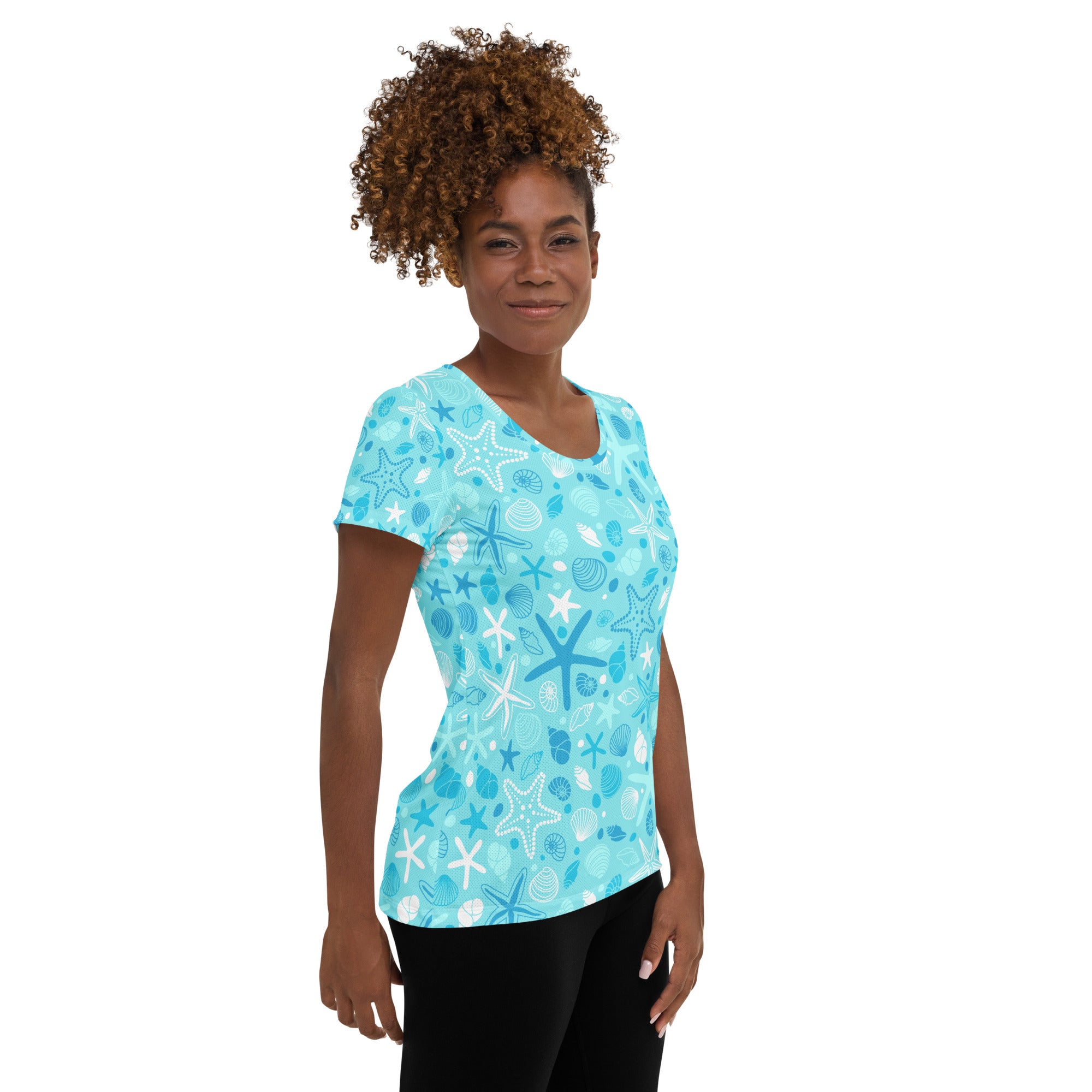 Women’s Starfish & Shells Performance Athletic T-Shirt - Lightweight Moisture Wicking Workout Top with UPF 50+