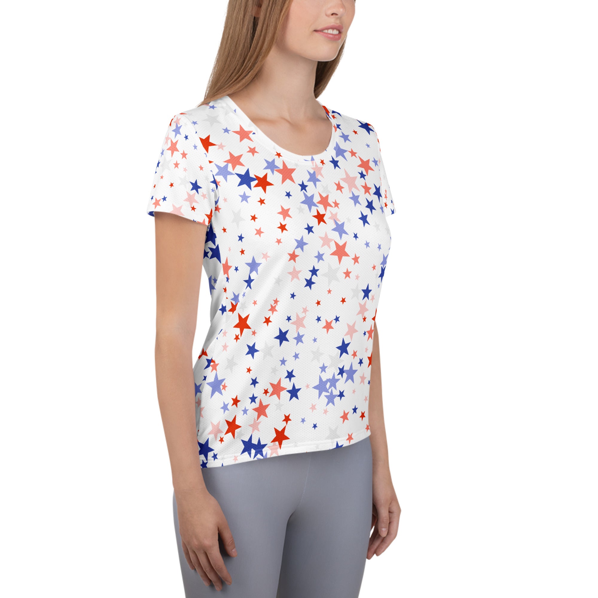 Women’s Red White & Blue Star Performance Athletic T-Shirt - Lightweight Moisture Wicking Workout Top with UPF 50+