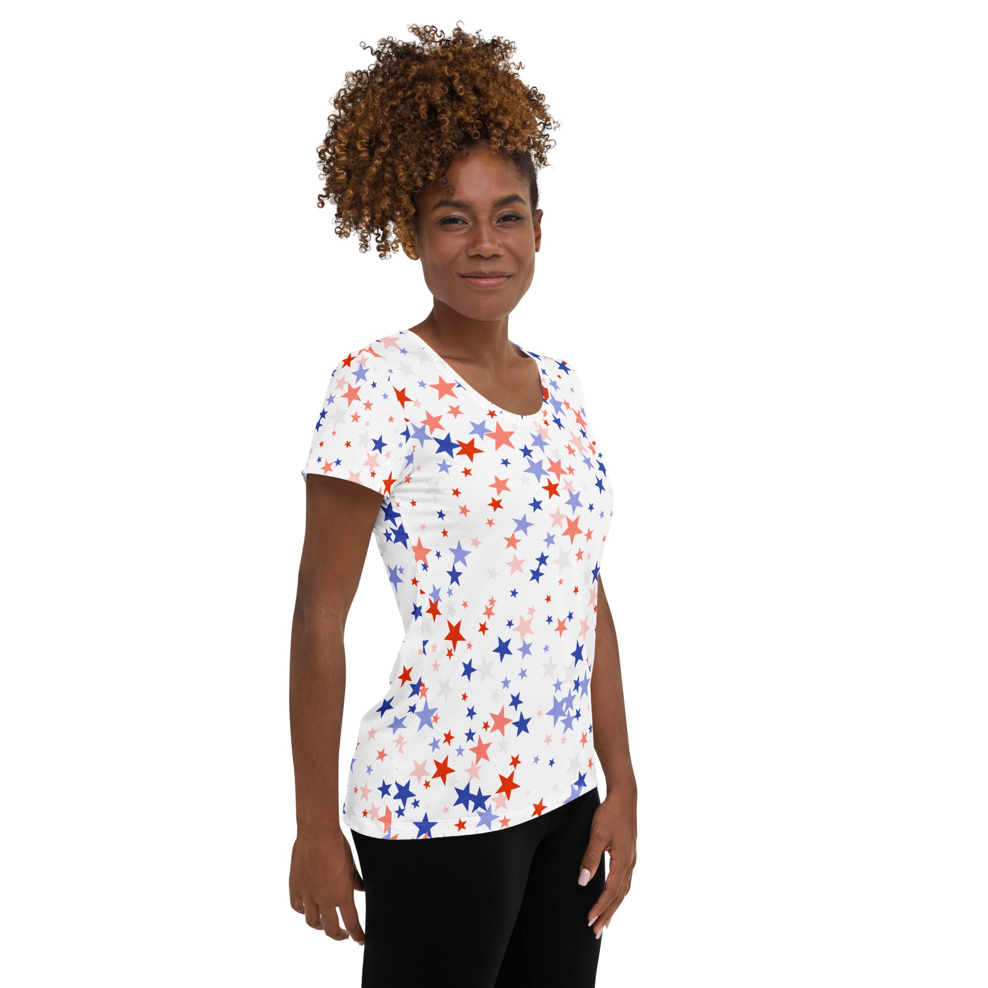 Women’s Red White & Blue Star Performance Athletic T-Shirt - Lightweight Moisture Wicking Workout Top with UPF 50+