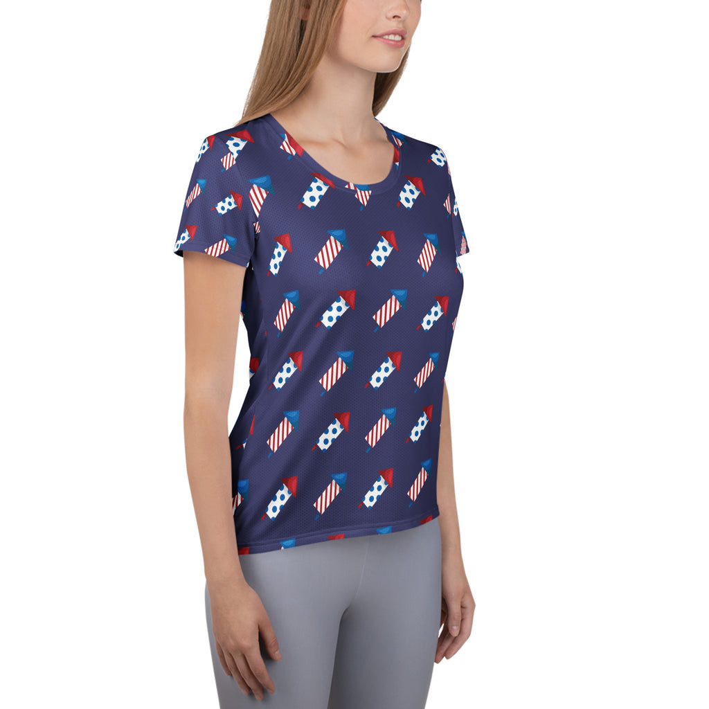 Women’s Patriotic Fireworks Performance Athletic T-Shirt - Lightweight Moisture Wicking Workout Top with UPF 50+