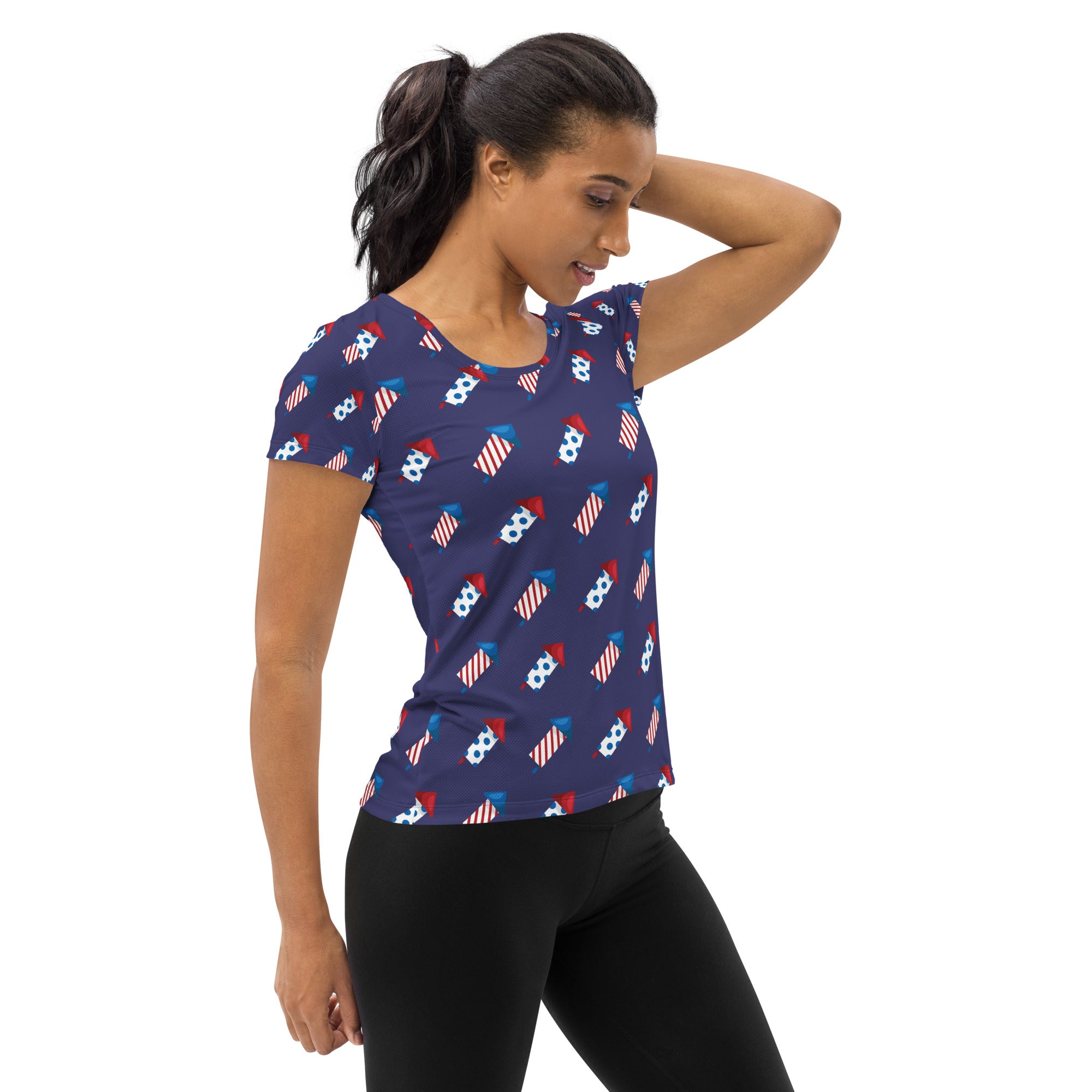 Women’s Patriotic Fireworks Performance Athletic T-Shirt - Lightweight Moisture Wicking Workout Top with UPF 50+