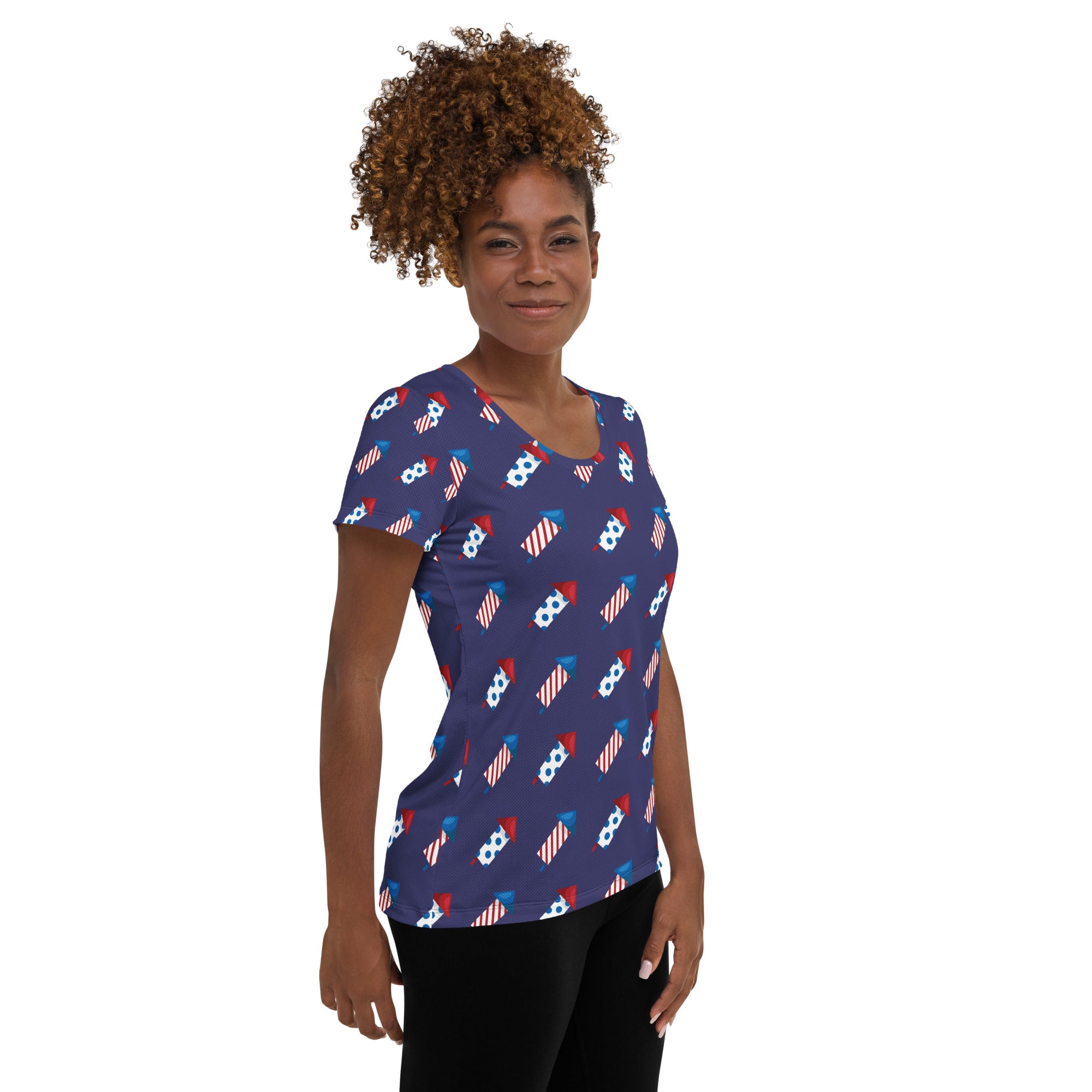 Women’s Patriotic Fireworks Performance Athletic T-Shirt - Lightweight Moisture Wicking Workout Top with UPF 50+