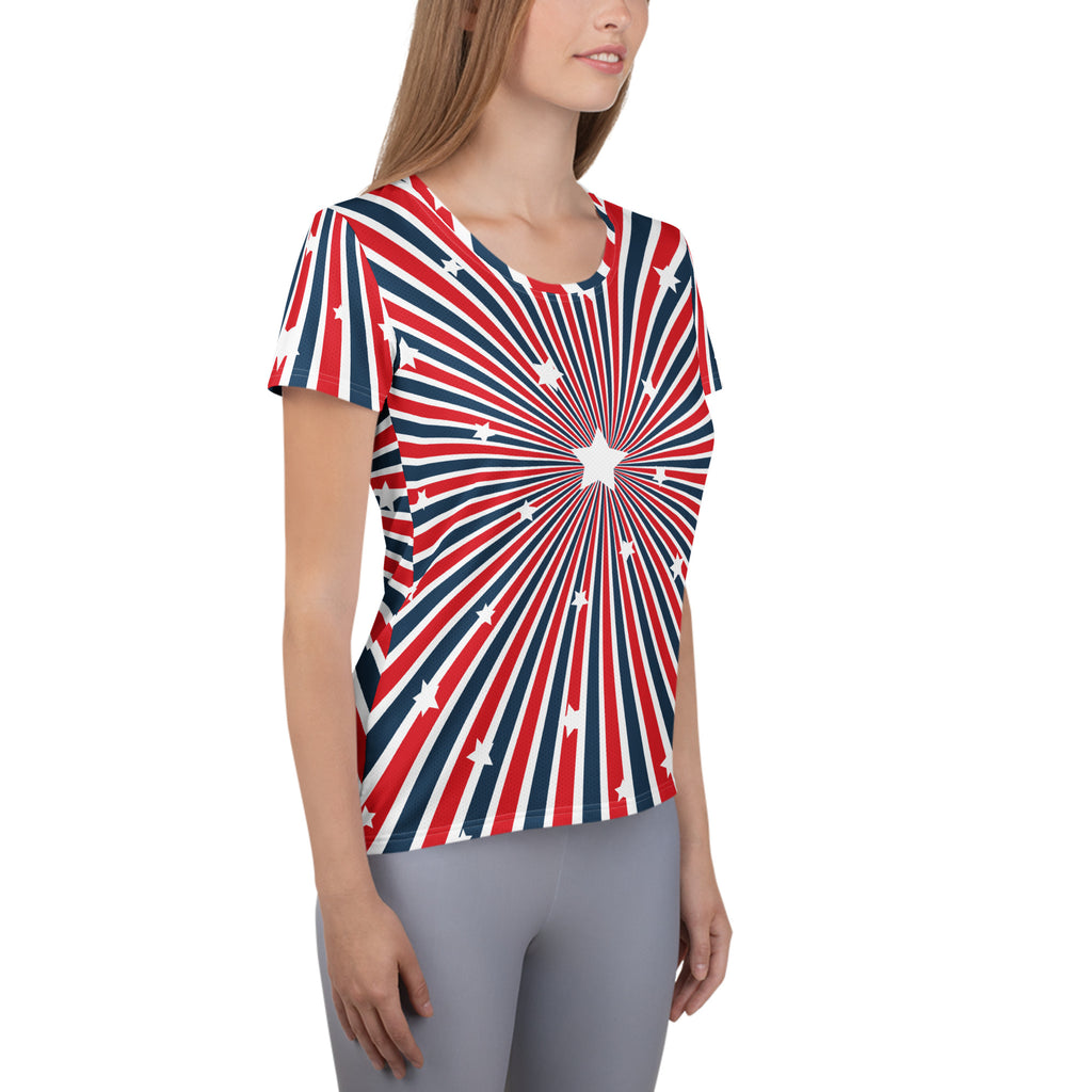 Women’s Patriotic Starburst Performance Athletic T-Shirt - Lightweight Moisture Wicking Workout Top with UPF 50+