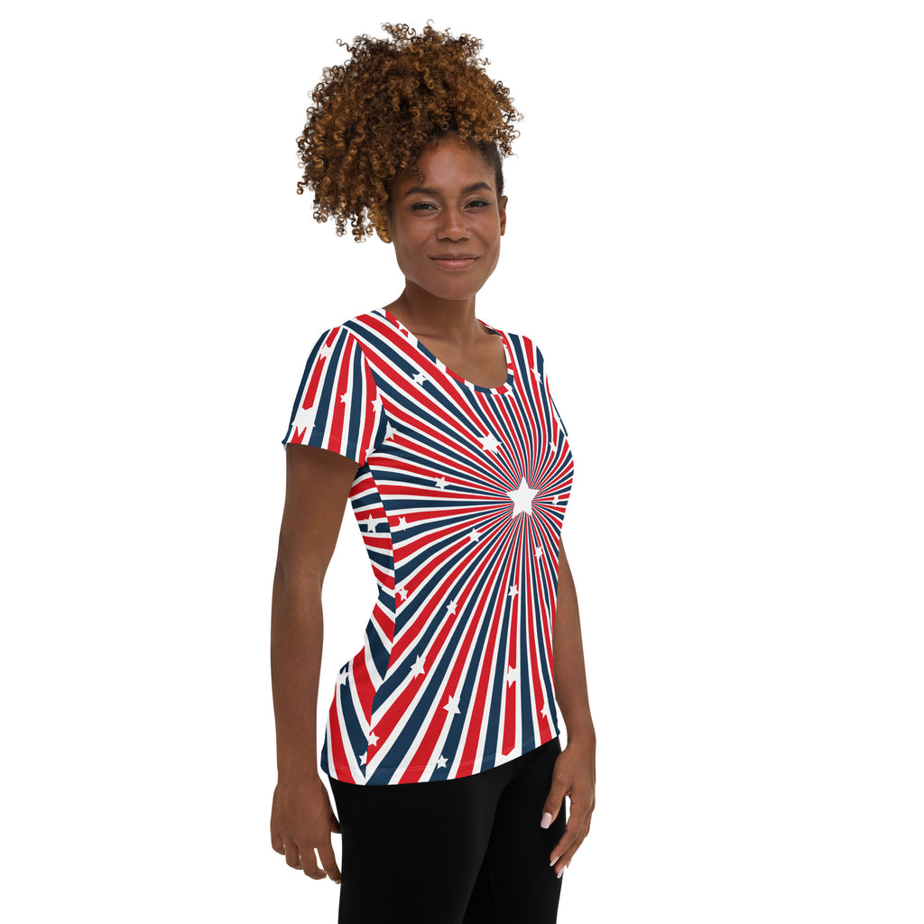 Women’s Patriotic Starburst Performance Athletic T-Shirt - Lightweight Moisture Wicking Workout Top with UPF 50+