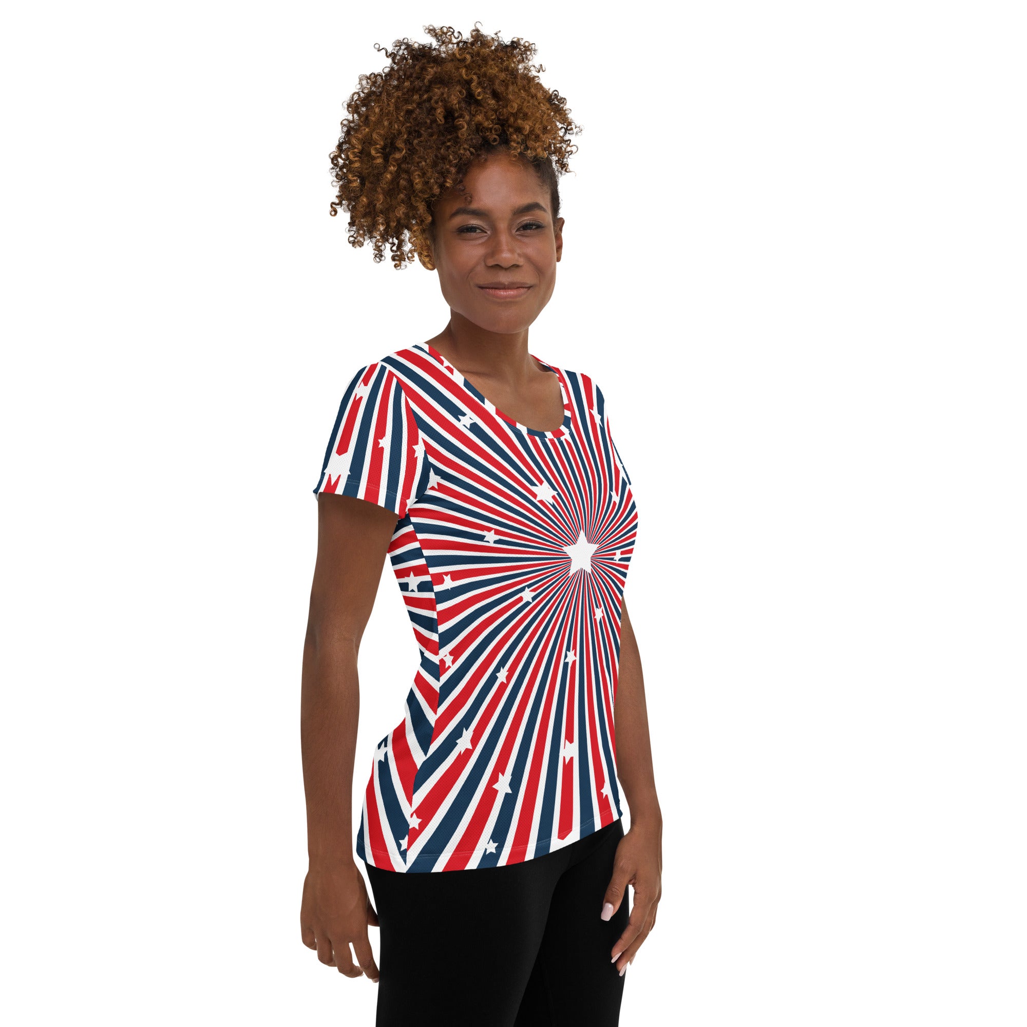 Women’s Patriotic Starburst Performance Athletic T-Shirt - Lightweight Moisture Wicking Workout Top with UPF 50+
