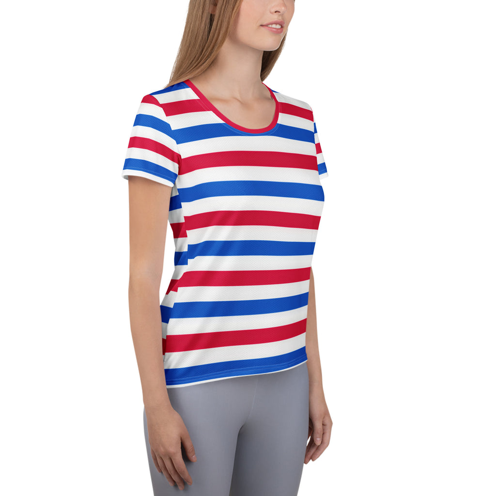 Women’s Patriotic Striped Performance Athletic T-Shirt - Lightweight Moisture Wicking Workout Top with UPF 50+