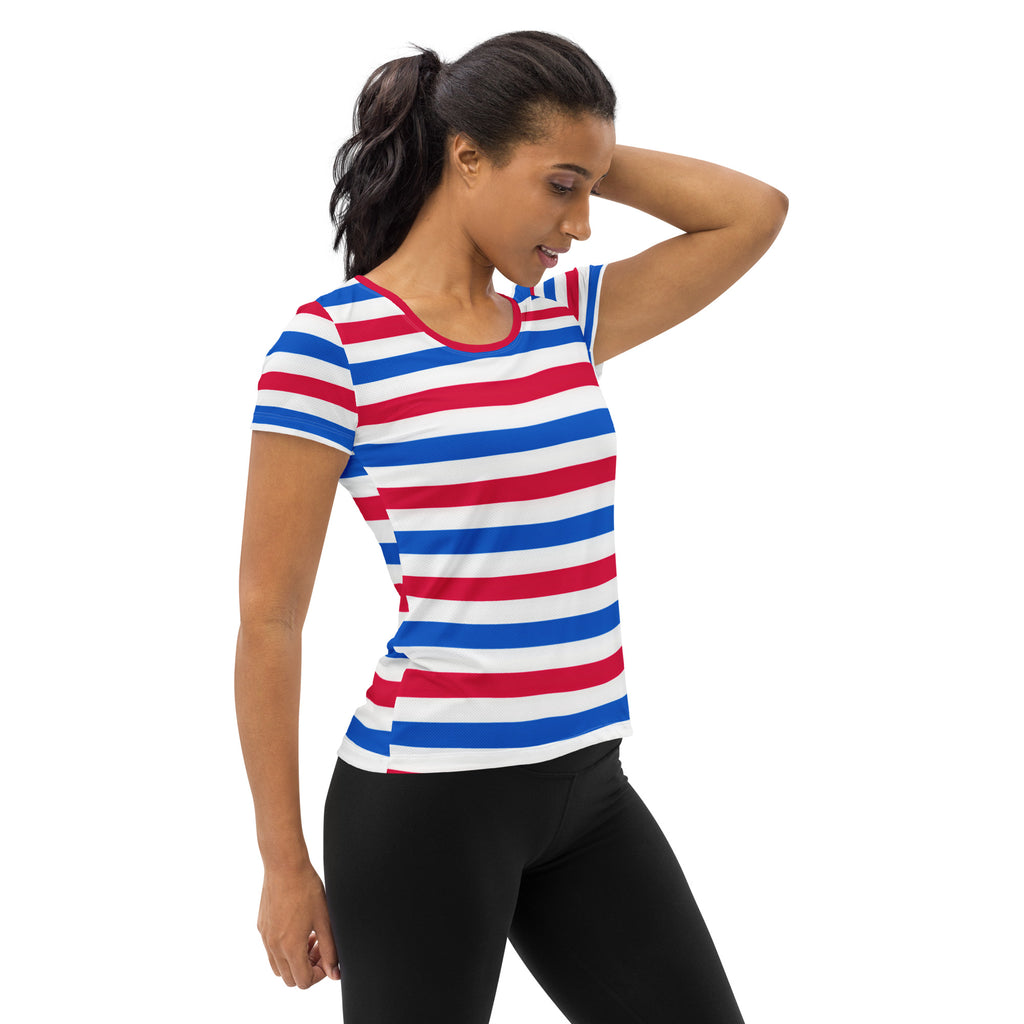 Women’s Patriotic Striped Performance Athletic T-Shirt - Lightweight Moisture Wicking Workout Top with UPF 50+