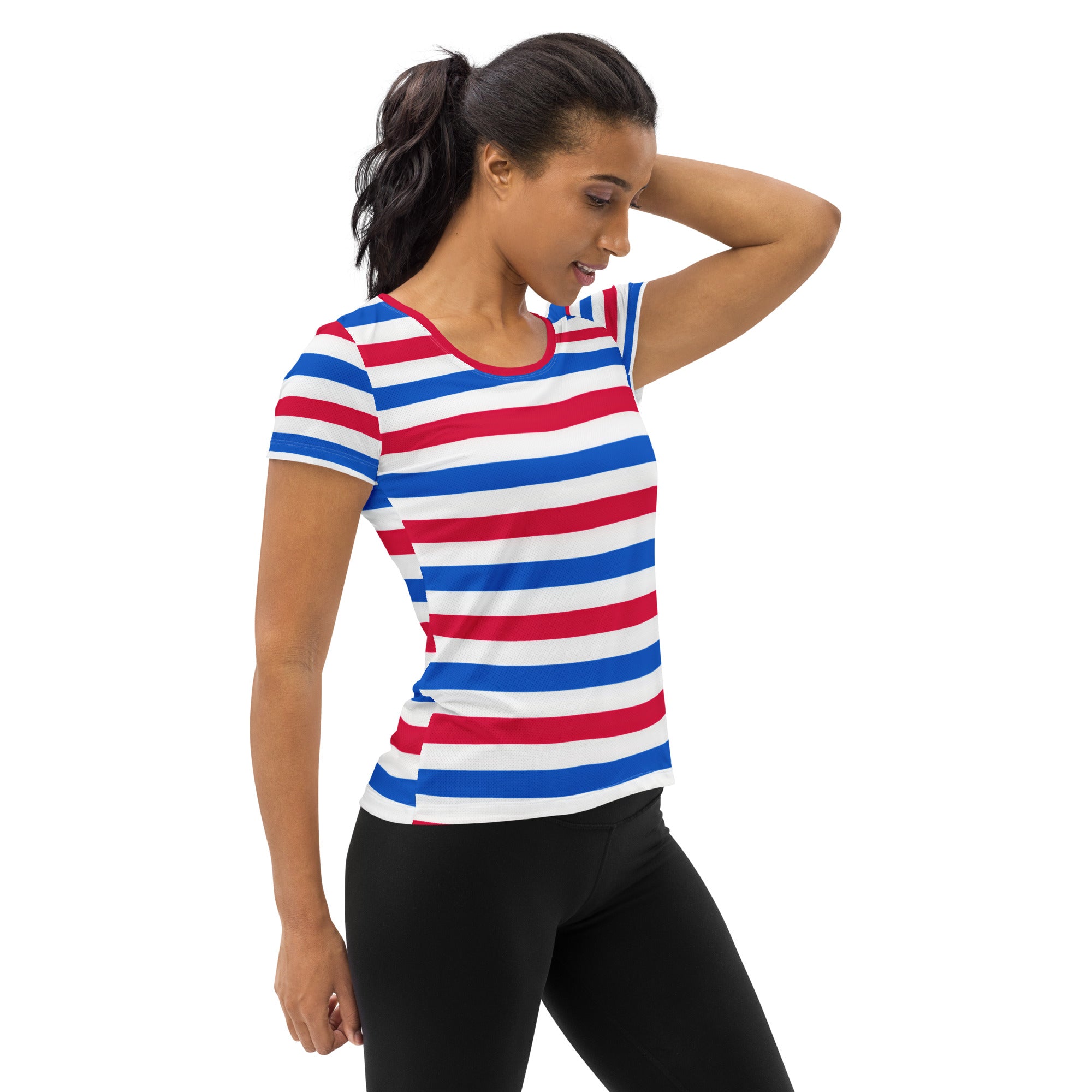 Women’s Patriotic Striped Performance Athletic T-Shirt - Lightweight Moisture Wicking Workout Top with UPF 50+