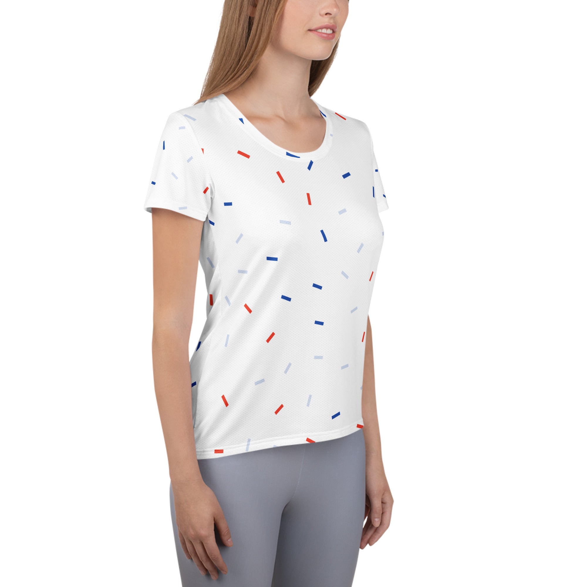 Women’s Patriotic Confetti Performance Athletic T-Shirt - Lightweight Moisture Wicking Workout Top with UPF 50+
