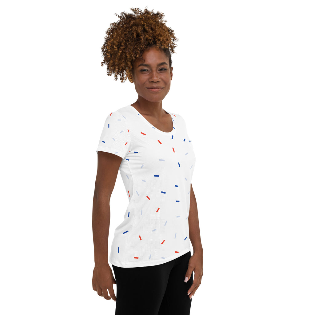 Women’s Patriotic Confetti Performance Athletic T-Shirt - Lightweight Moisture Wicking Workout Top with UPF 50+
