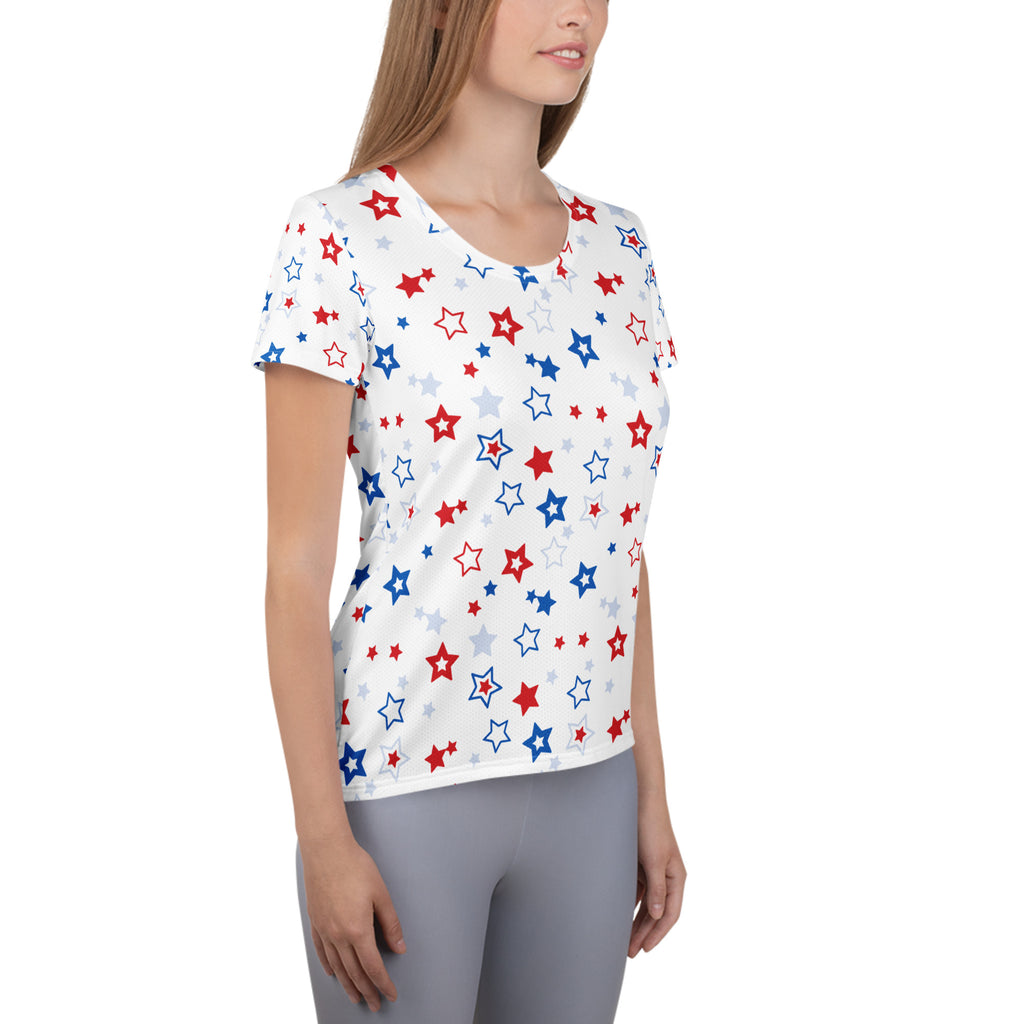 Women’s Red, White And Blue Stars 4th of July Performance Athletic T-Shirt - Lightweight Moisture Wicking Workout Top with UPF 50+