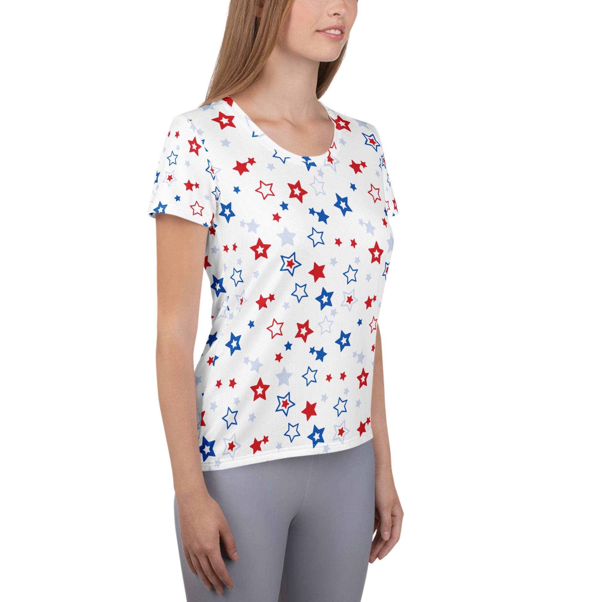 Women’s Red, White And Blue Stars 4th of July Performance Athletic T-Shirt - Lightweight Moisture Wicking Workout Top with UPF 50+