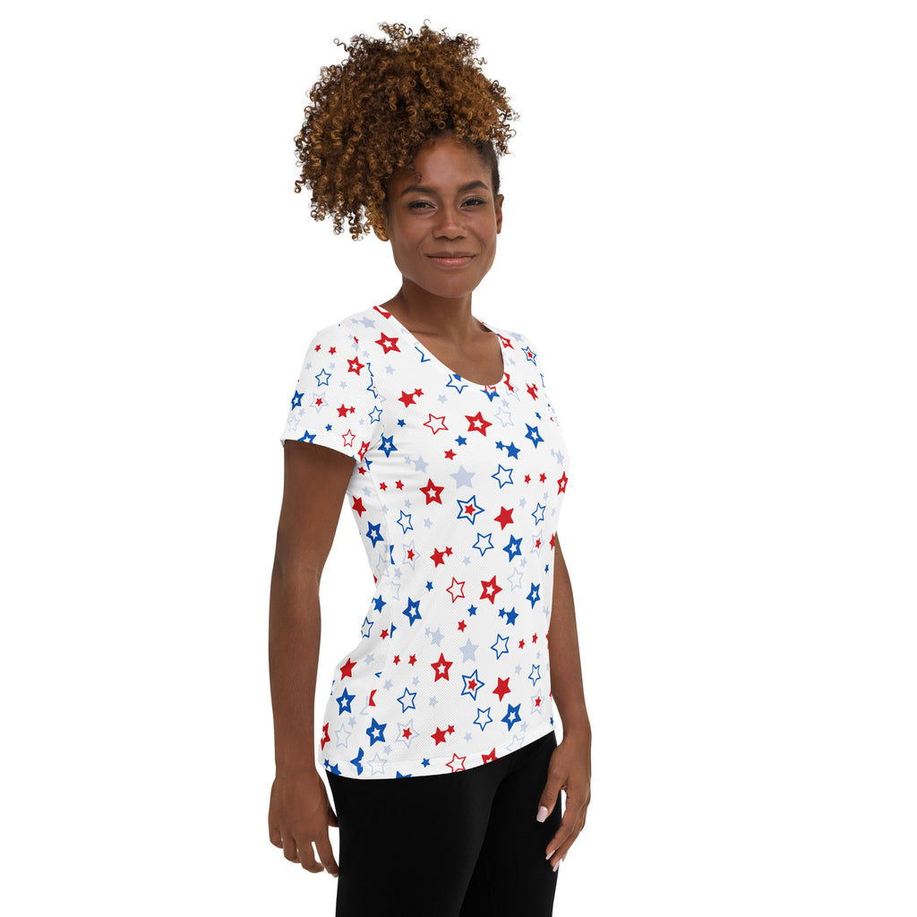Women’s Red, White And Blue Stars 4th of July Performance Athletic T-Shirt - Lightweight Moisture Wicking Workout Top with UPF 50+