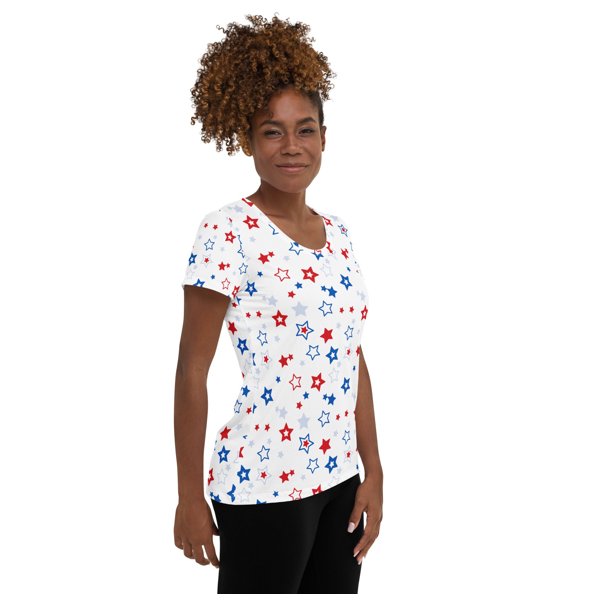 Women’s Red, White And Blue Stars 4th of July Performance Athletic T-Shirt - Lightweight Moisture Wicking Workout Top with UPF 50+