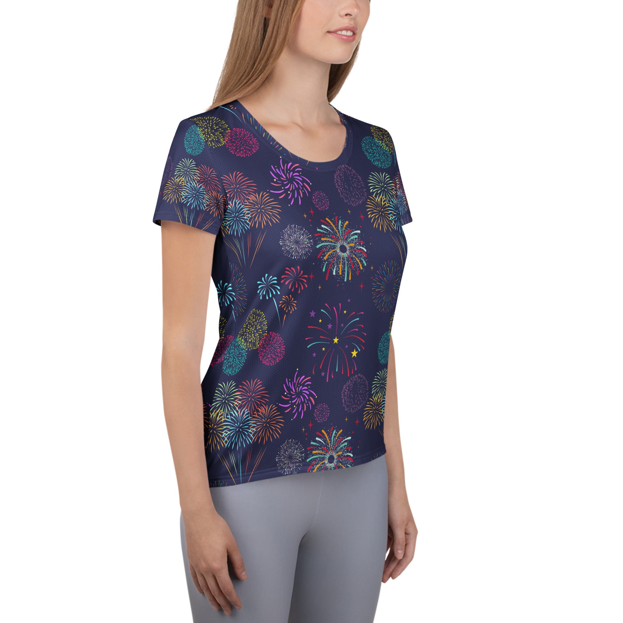 Women’s Colorful Fireworks Performance Athletic T-Shirt - Lightweight Moisture Wicking Workout Top with UPF 50+