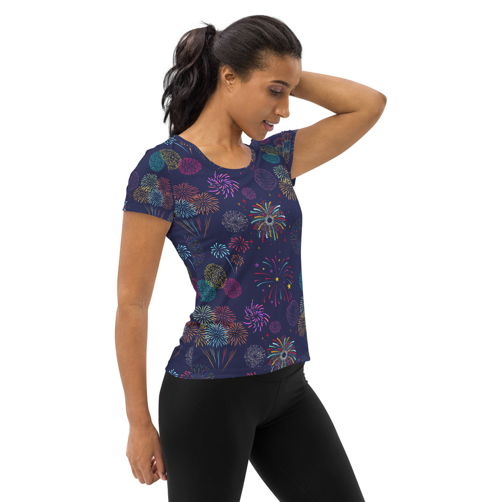 Women’s Colorful Fireworks Performance Athletic T-Shirt - Lightweight Moisture Wicking Workout Top with UPF 50+