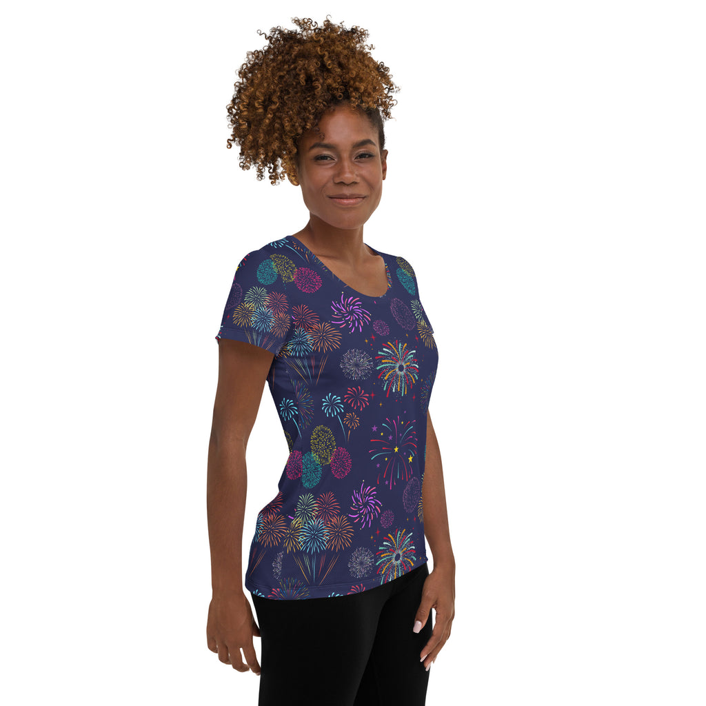 Women’s Colorful Fireworks Performance Athletic T-Shirt - Lightweight Moisture Wicking Workout Top with UPF 50+