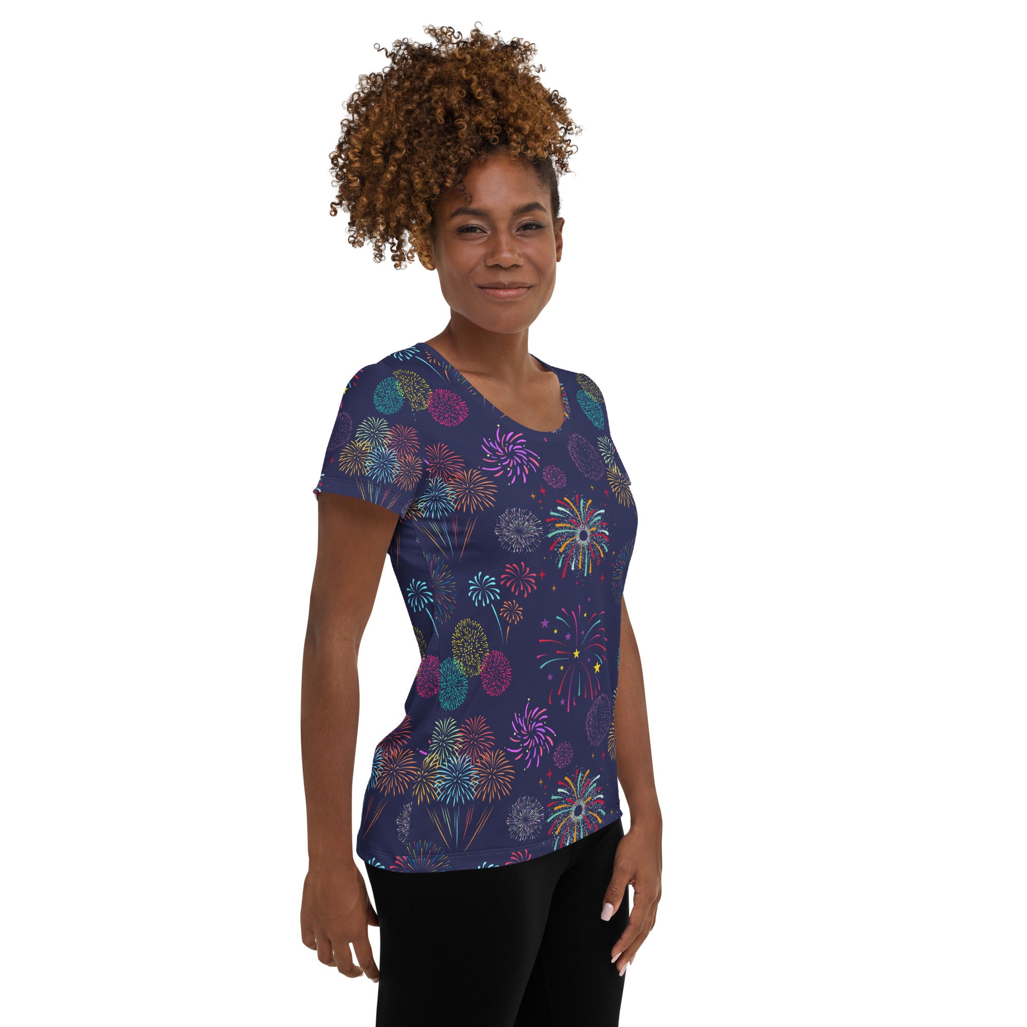 Women’s Colorful Fireworks Performance Athletic T-Shirt - Lightweight Moisture Wicking Workout Top with UPF 50+