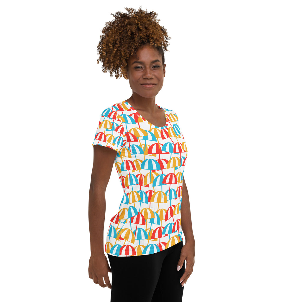 Women’s Colorful Beach Umbrella Performance Athletic T-Shirt - Lightweight Moisture Wicking Workout Top with UPF 50+
