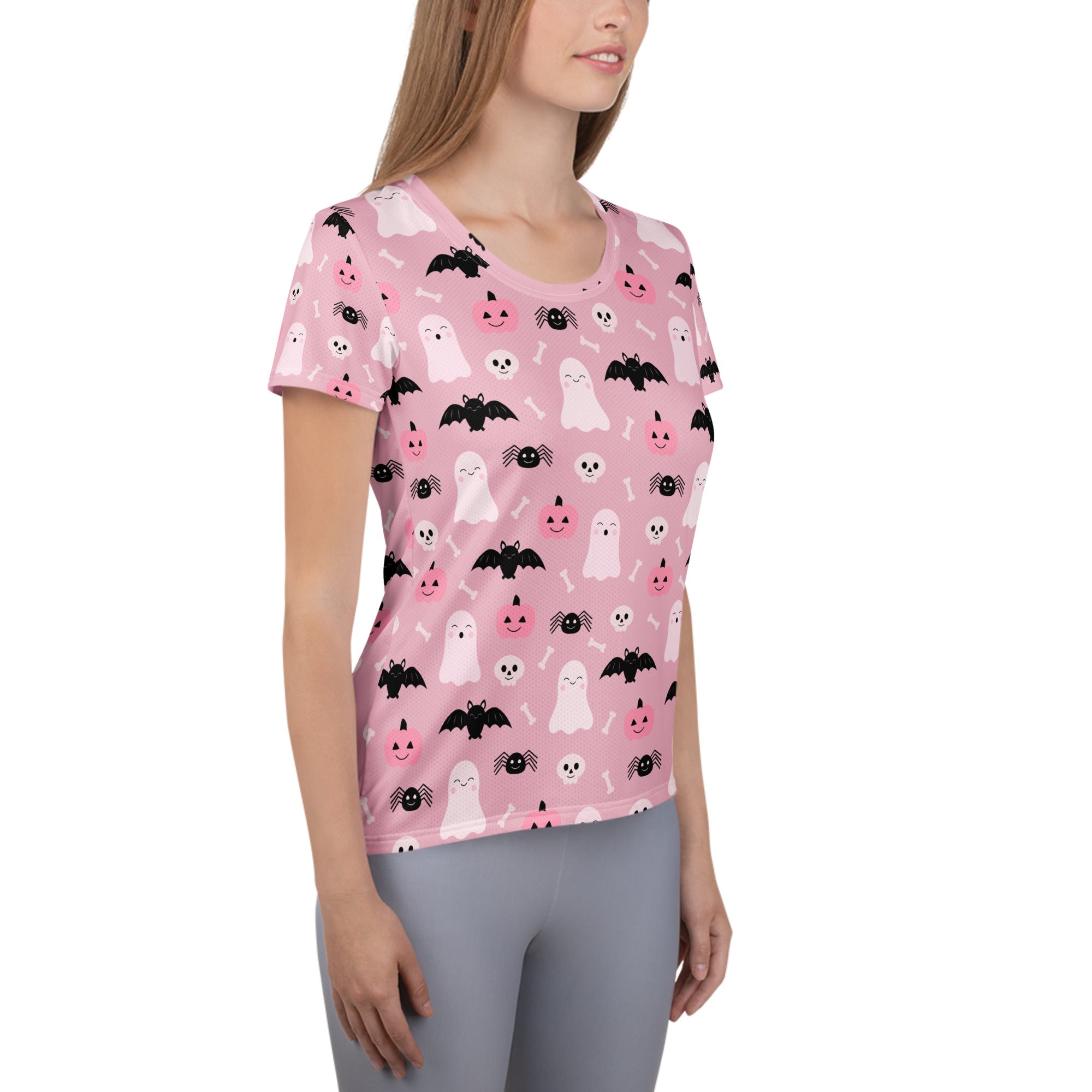 Women’s Pink Halloween Performance Athletic T-Shirt - Lightweight Moisture Wicking Workout Top with UPF 50+