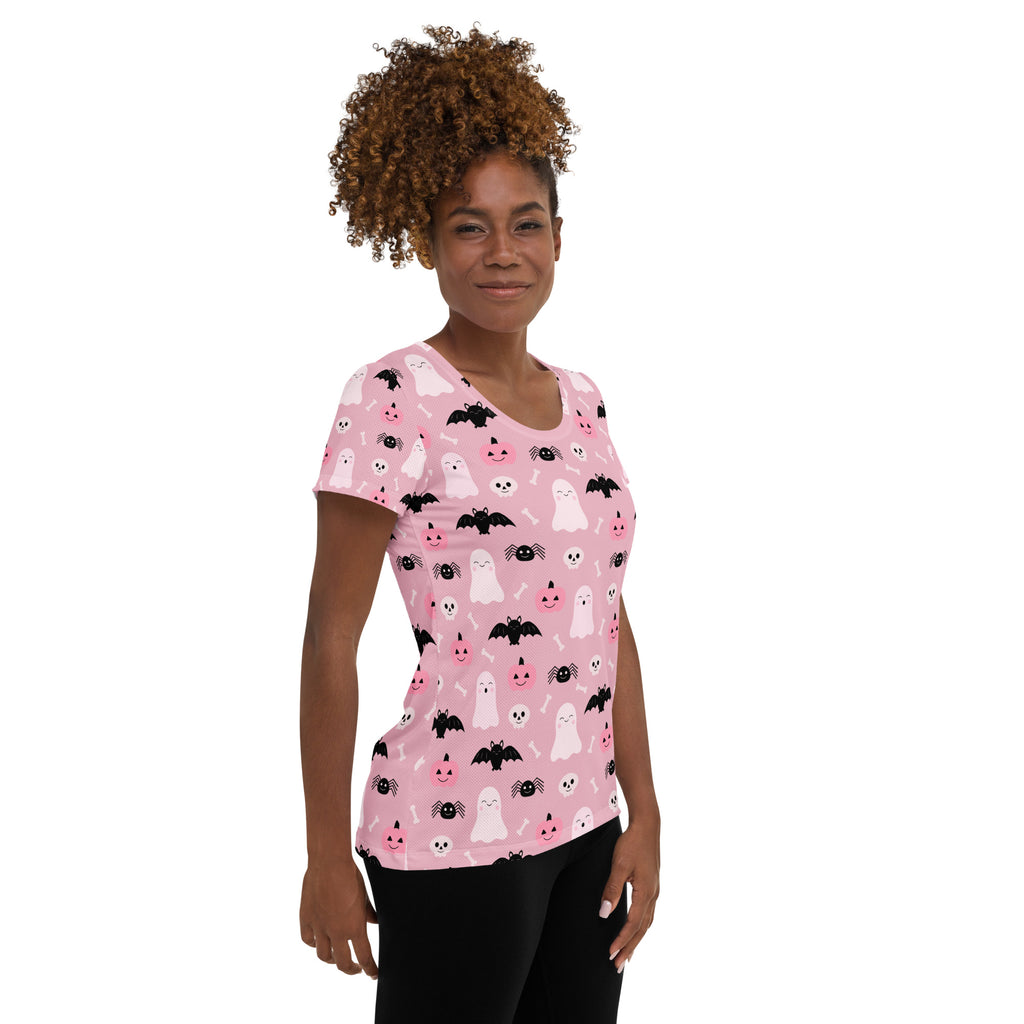 Women’s Pink Halloween Performance Athletic T-Shirt - Lightweight Moisture Wicking Workout Top with UPF 50+
