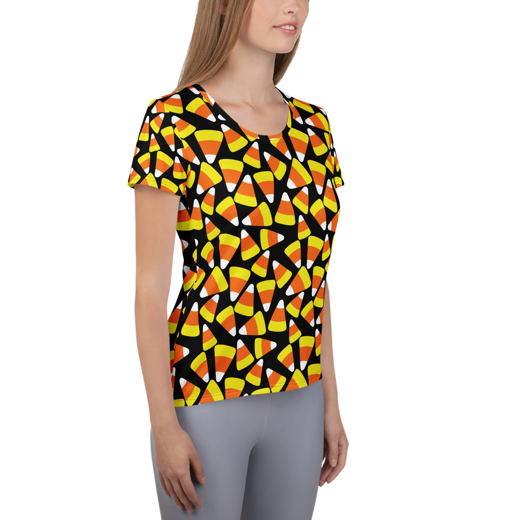 Women’s Candy Corn Halloween Performance Athletic T-Shirt - Lightweight Moisture Wicking Workout Top with UPF 50+