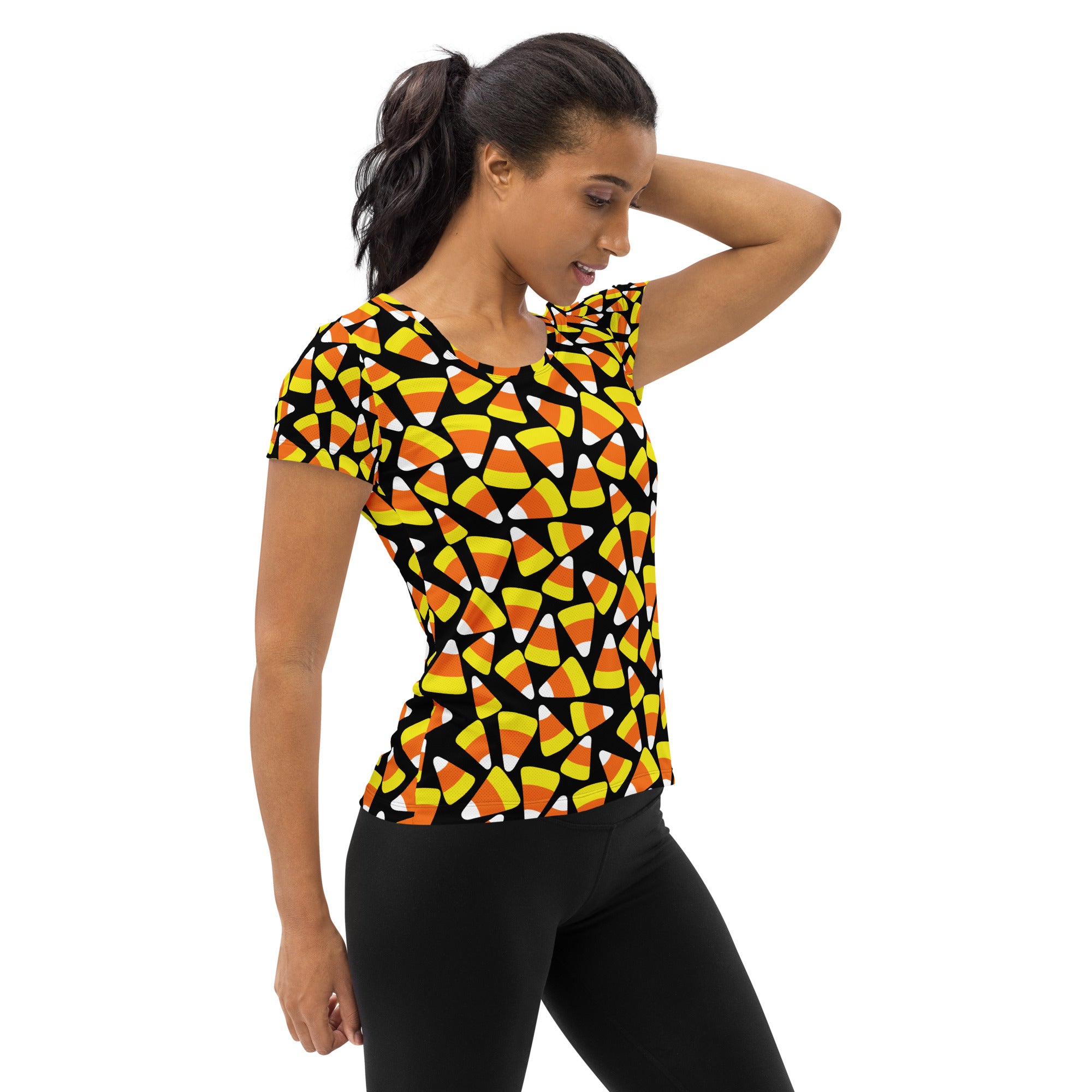 Women’s Candy Corn Halloween Performance Athletic T-Shirt - Lightweight Moisture Wicking Workout Top with UPF 50+