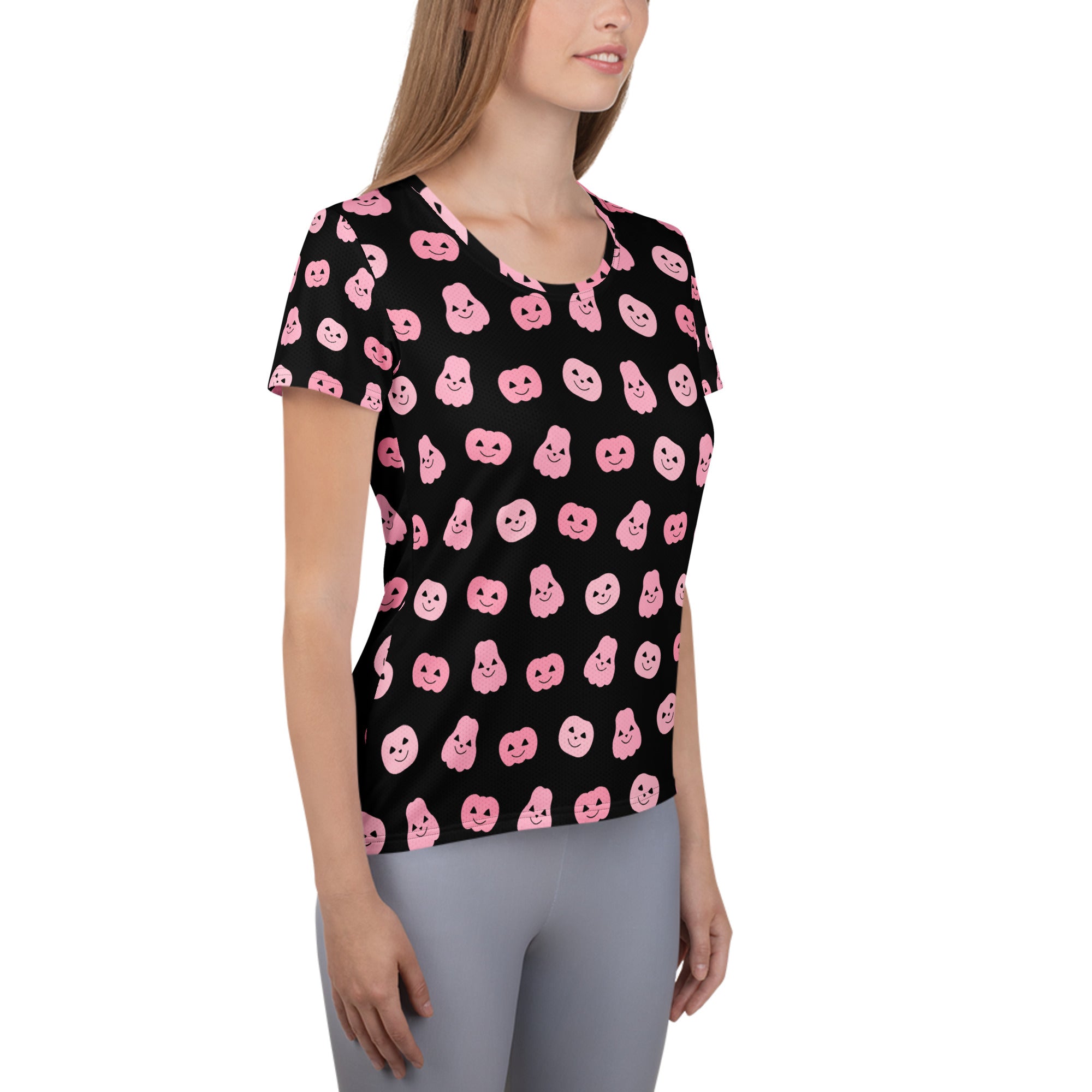 Women’s Pink Pumpkin Halloween Performance Athletic T-Shirt - Lightweight Moisture Wicking Workout Top with UPF 50+