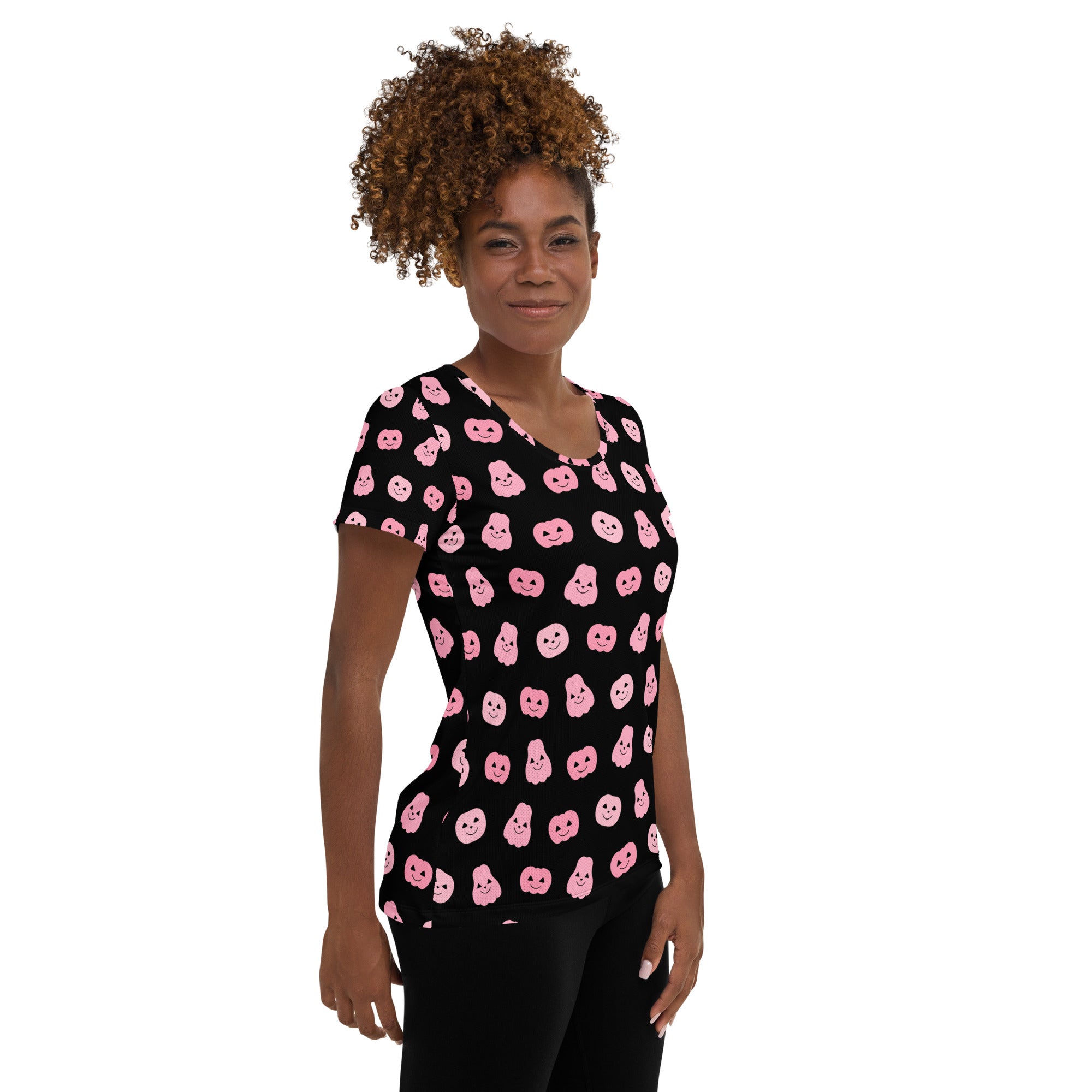 Women’s Pink Pumpkin Halloween Performance Athletic T-Shirt - Lightweight Moisture Wicking Workout Top with UPF 50+