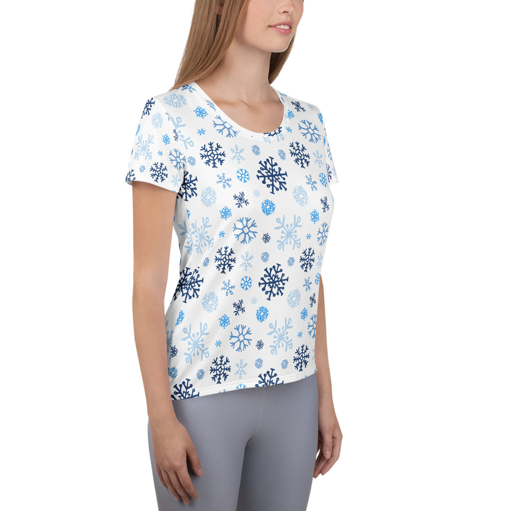 Women’s Blue Snowflakes Performance Athletic T-Shirt - Lightweight Moisture Wicking Workout Top with UPF 50+