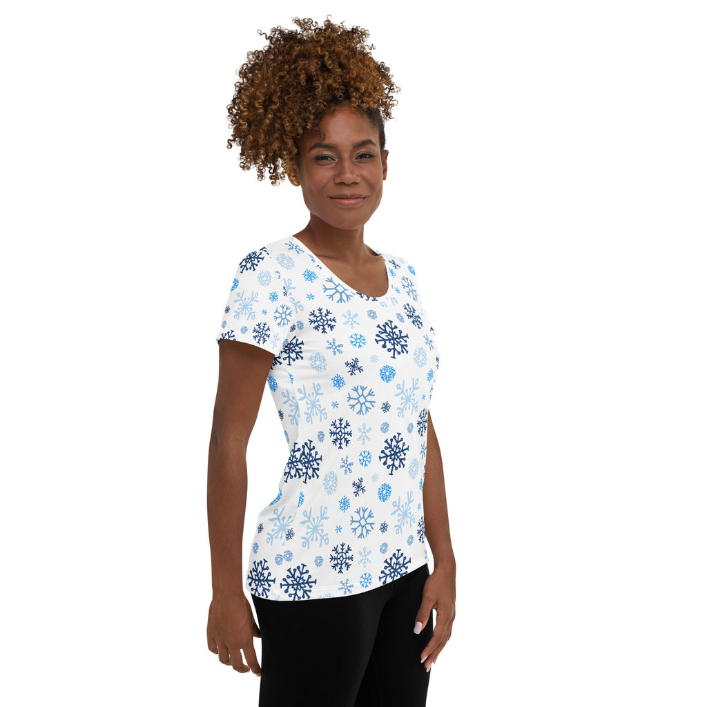 Women’s Blue Snowflakes Performance Athletic T-Shirt - Lightweight Moisture Wicking Workout Top with UPF 50+