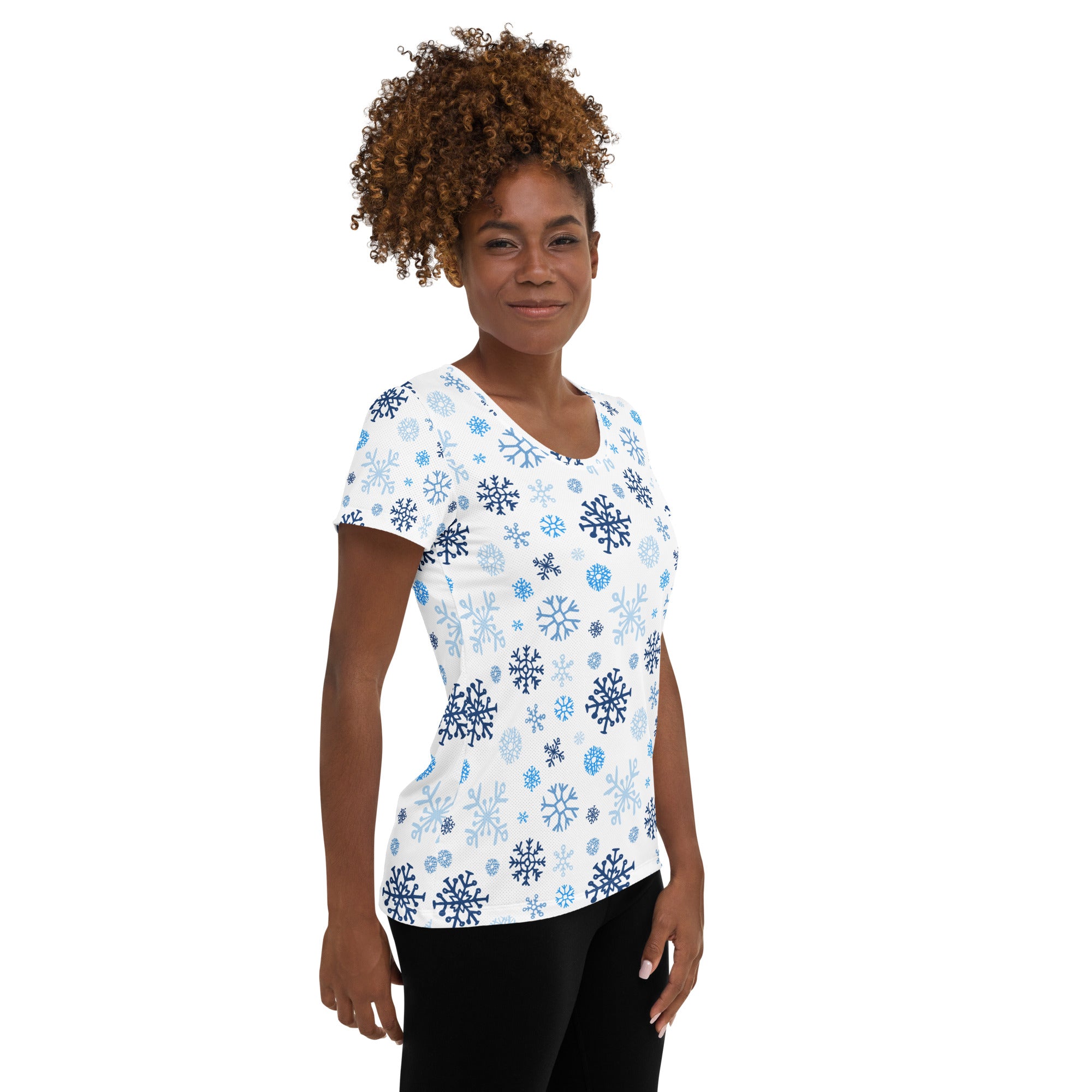 Women’s Blue Snowflakes Performance Athletic T-Shirt - Lightweight Moisture Wicking Workout Top with UPF 50+