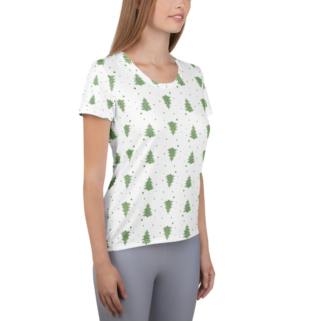 Women’s Green Christmas Tree Performance Athletic T-Shirt - Lightweight Moisture Wicking Workout Top with UPF 50+