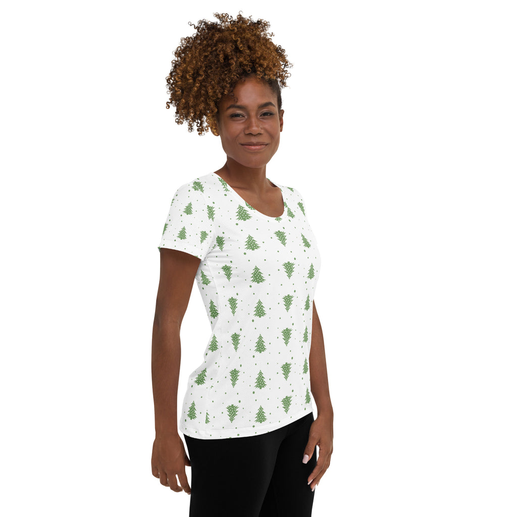 Women’s Green Christmas Tree Performance Athletic T-Shirt - Lightweight Moisture Wicking Workout Top with UPF 50+