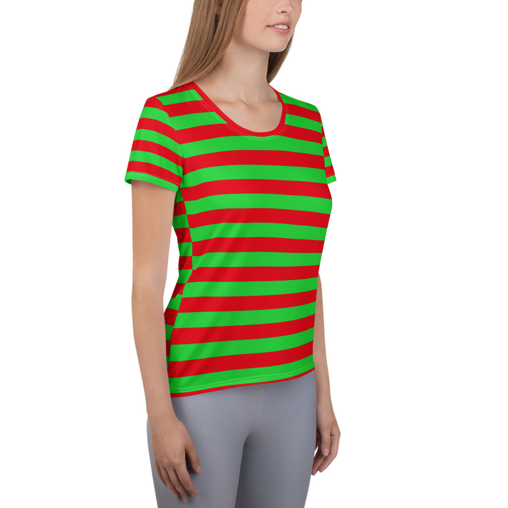 Women’s Red & Green Striped Christmas Performance Athletic T-Shirt - Lightweight Moisture Wicking Workout Top with UPF 50+