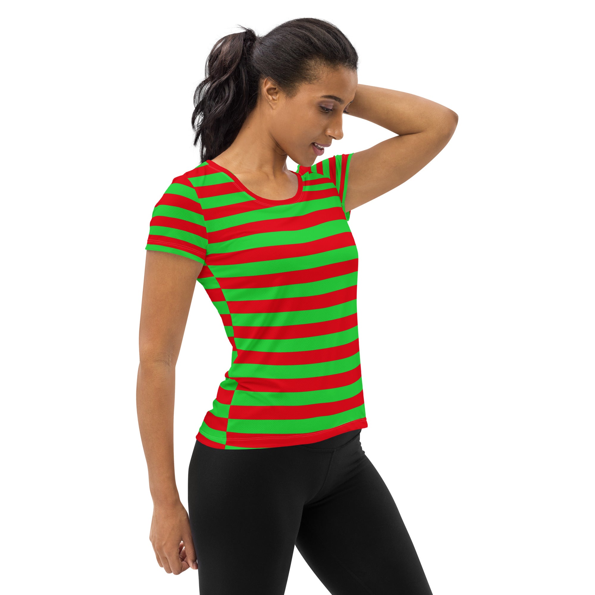 Women’s Red & Green Striped Christmas Performance Athletic T-Shirt - Lightweight Moisture Wicking Workout Top with UPF 50+